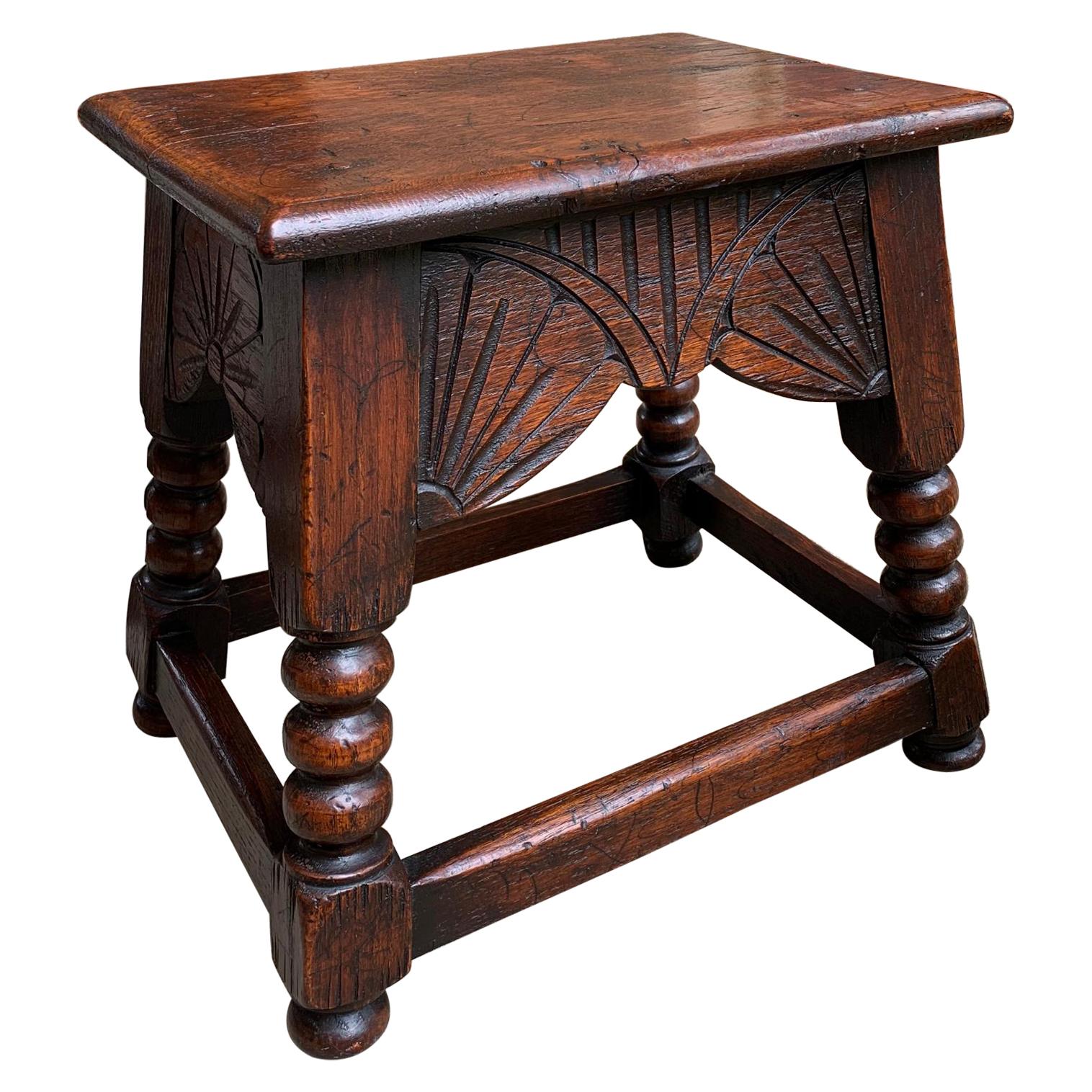 Antique English Carved Oak Bench Stool End Table Jacobean Joint Style Stand