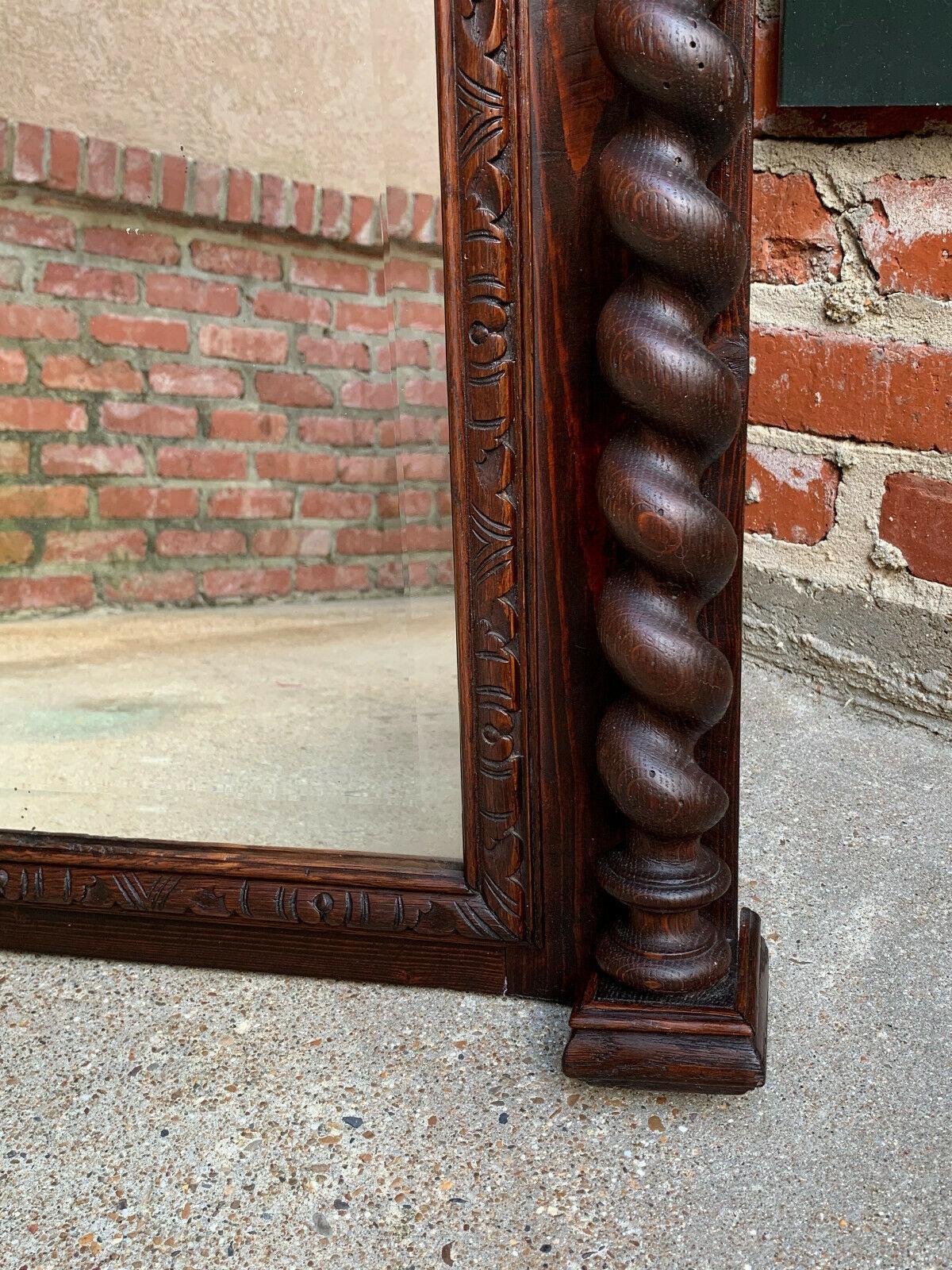 Antique English Carved Oak Beveled Wall Mirror Barley Twist Frame Pier Mantel 2