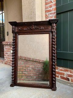 Antique English Carved Oak Beveled Wall Mirror Barley Twist Frame Pier Mantel