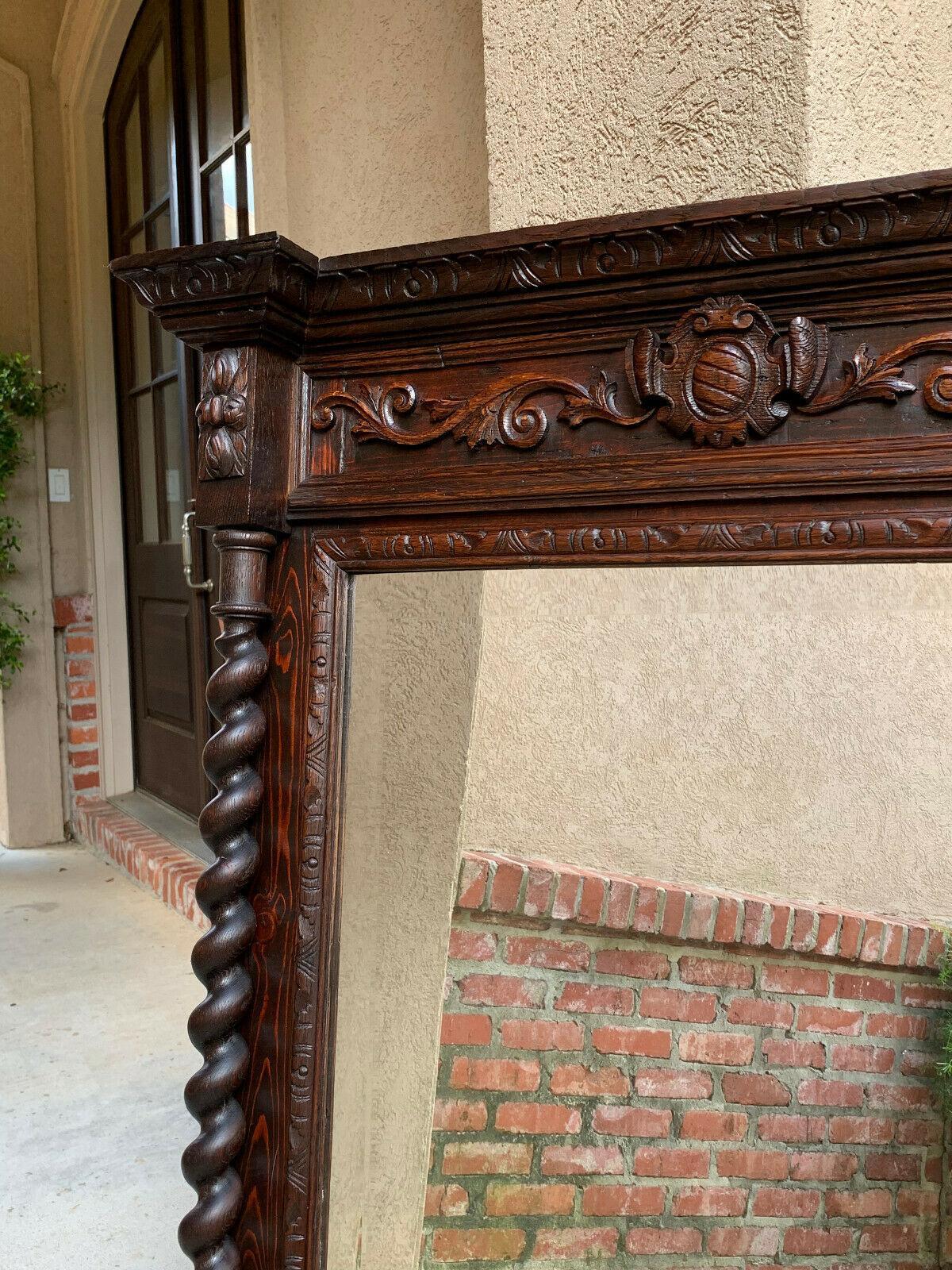 Jacobean Antique English Carved Oak Beveled Wall Mirror Barley Twist Frame Pier Mantel