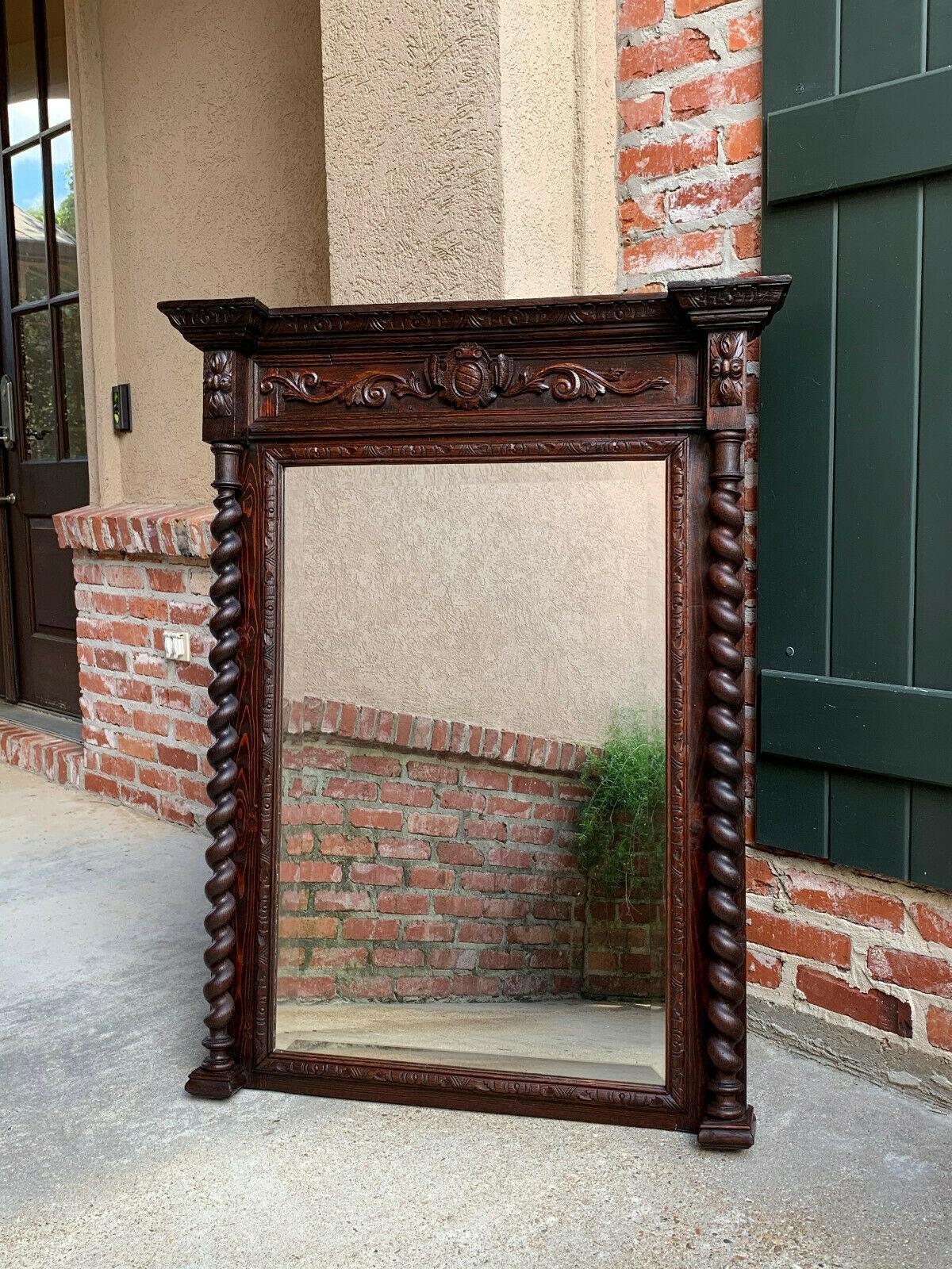 Antique English Carved Oak Beveled Wall Mirror Barley Twist Frame Pier Mantel In Good Condition In Shreveport, LA