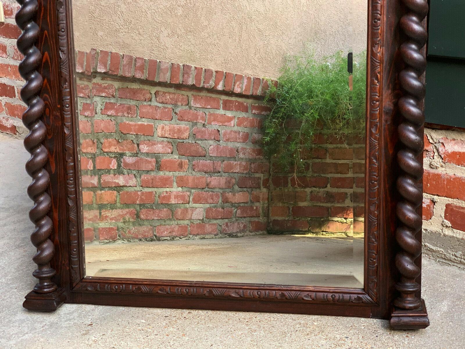 20th Century Antique English Carved Oak Beveled Wall Mirror Barley Twist Frame Pier Mantel