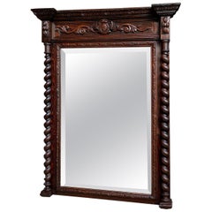 Antique English Carved Oak Beveled Wall Mirror Barley Twist Frame Pier Mantel