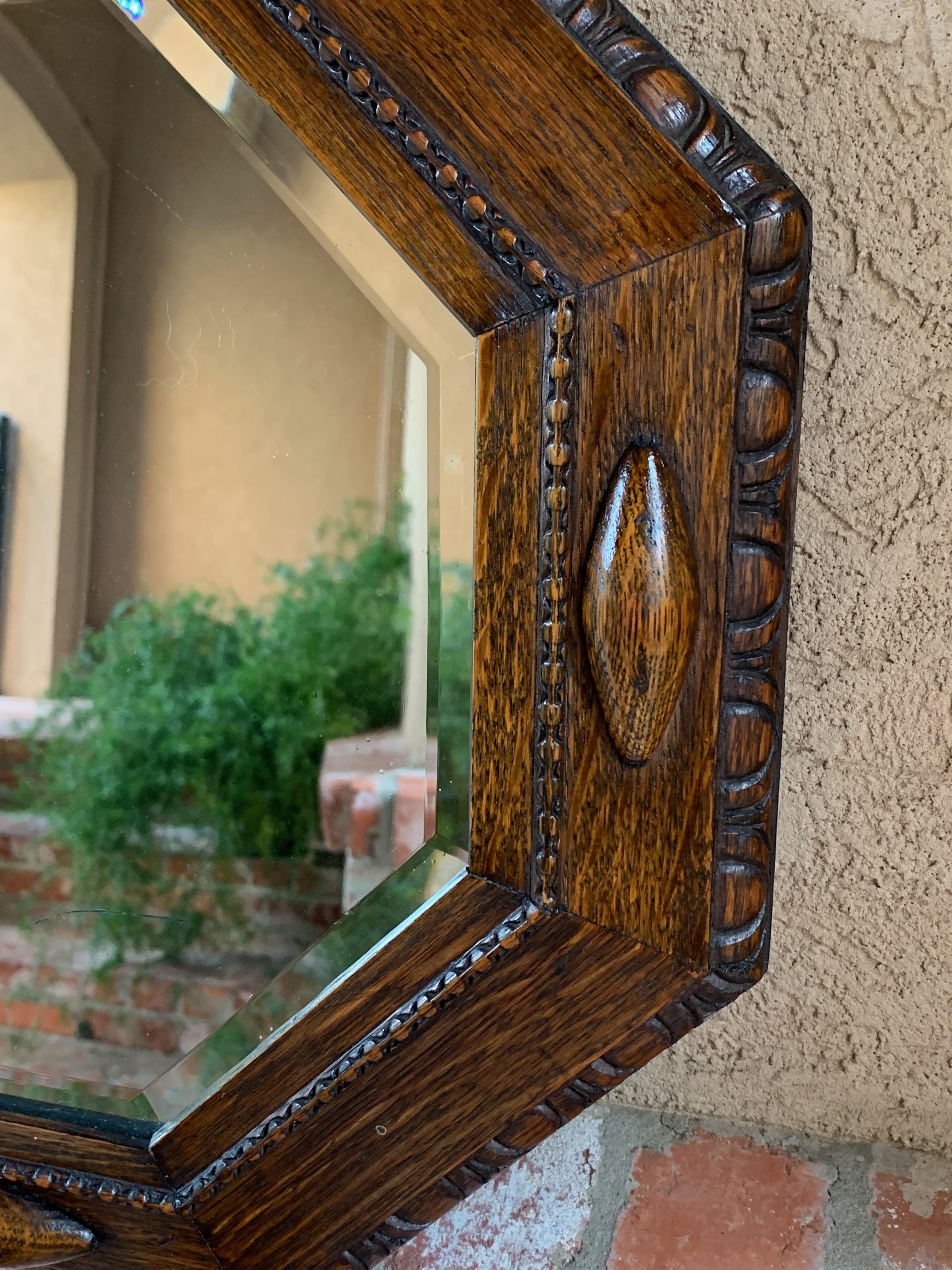 English Carved Oak Beveled Wall Mirror Beaded Jacobean Octagon, circa 1920 4