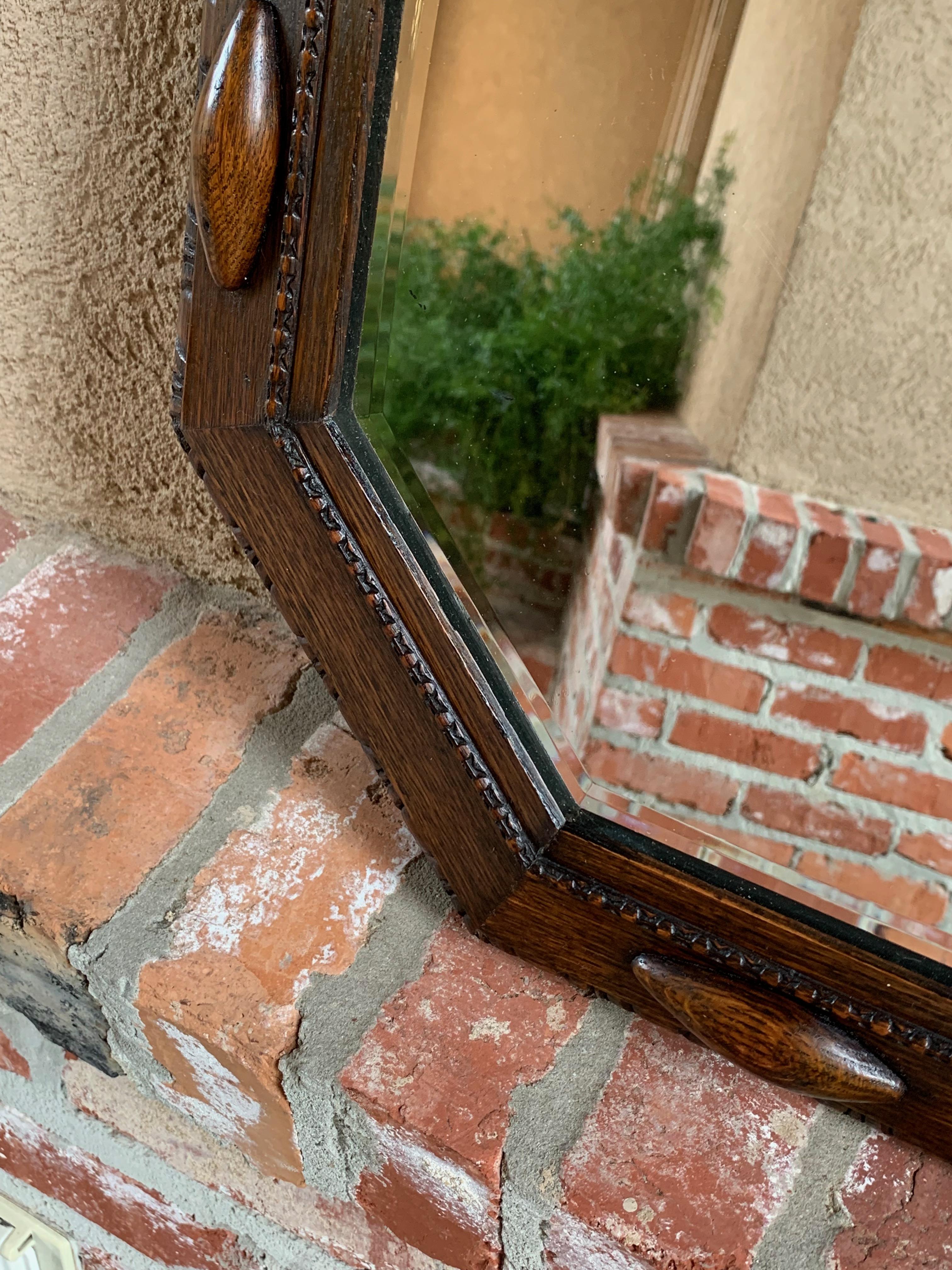 English Carved Oak Beveled Wall Mirror Beaded Jacobean Octagon, circa 1920 3