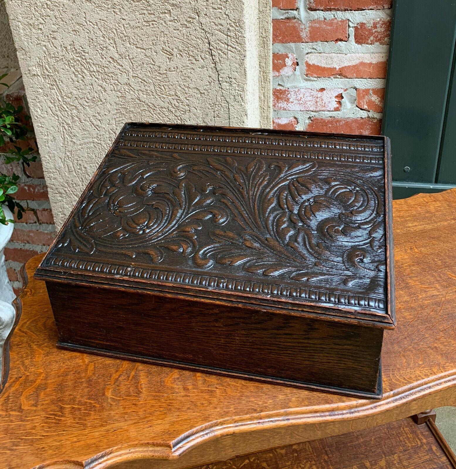 Antique English Carved Oak Bible Box Writing Slope Desk Book Slant Top Lectern 6