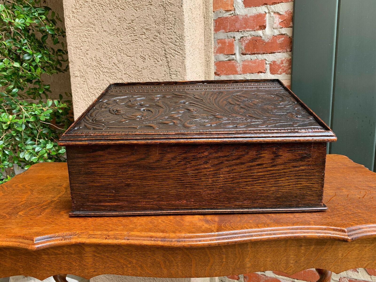 Antique English Carved Oak Bible Box Writing Slope Desk Book Slant Top Lectern 2
