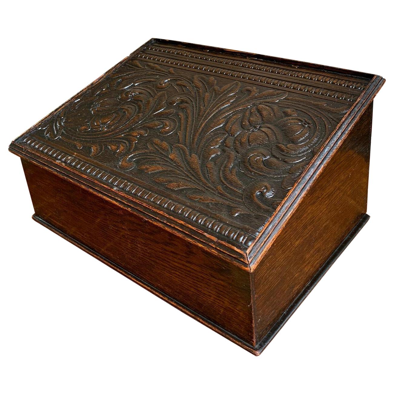 Antique English Carved Oak Bible Box Writing Slope Desk Book Slant Top Lectern