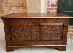 Antique English Carved Oak Blanket Box Trunk Chest Toy Box Jacobean Coffee Table