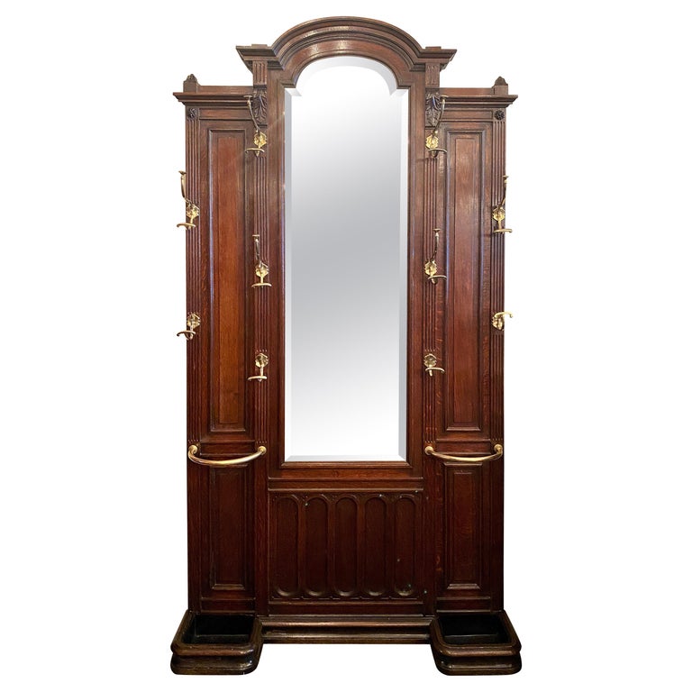 Antique English Carved Oak and Brass Coat Rack Umbrella Stand with Beveled Mirror at 1stDibs