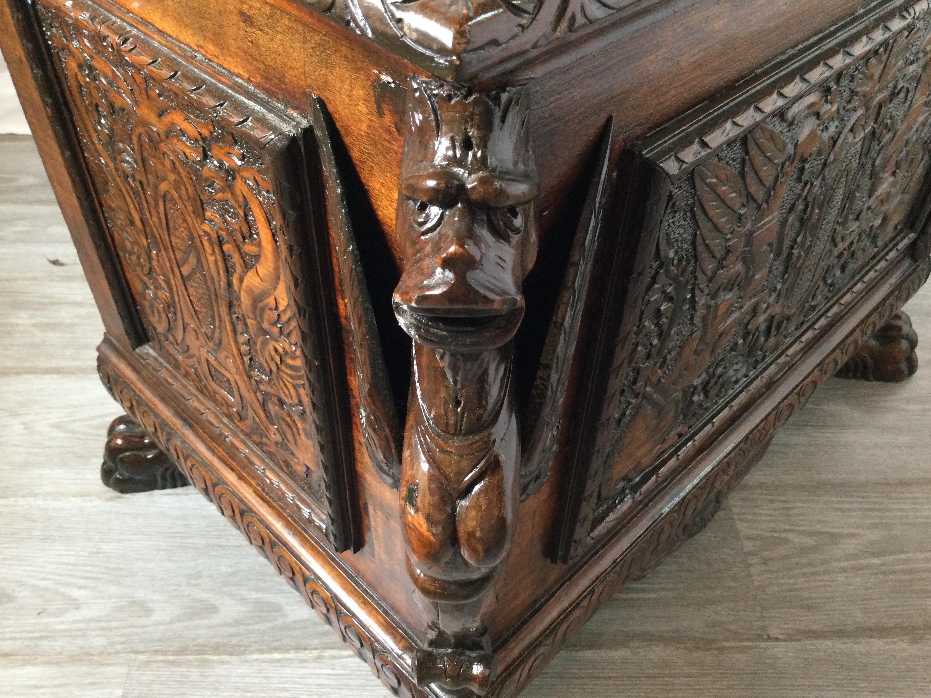 20th Century Antique English Carved Oak Cellarette with Gargoyles and Original Insert