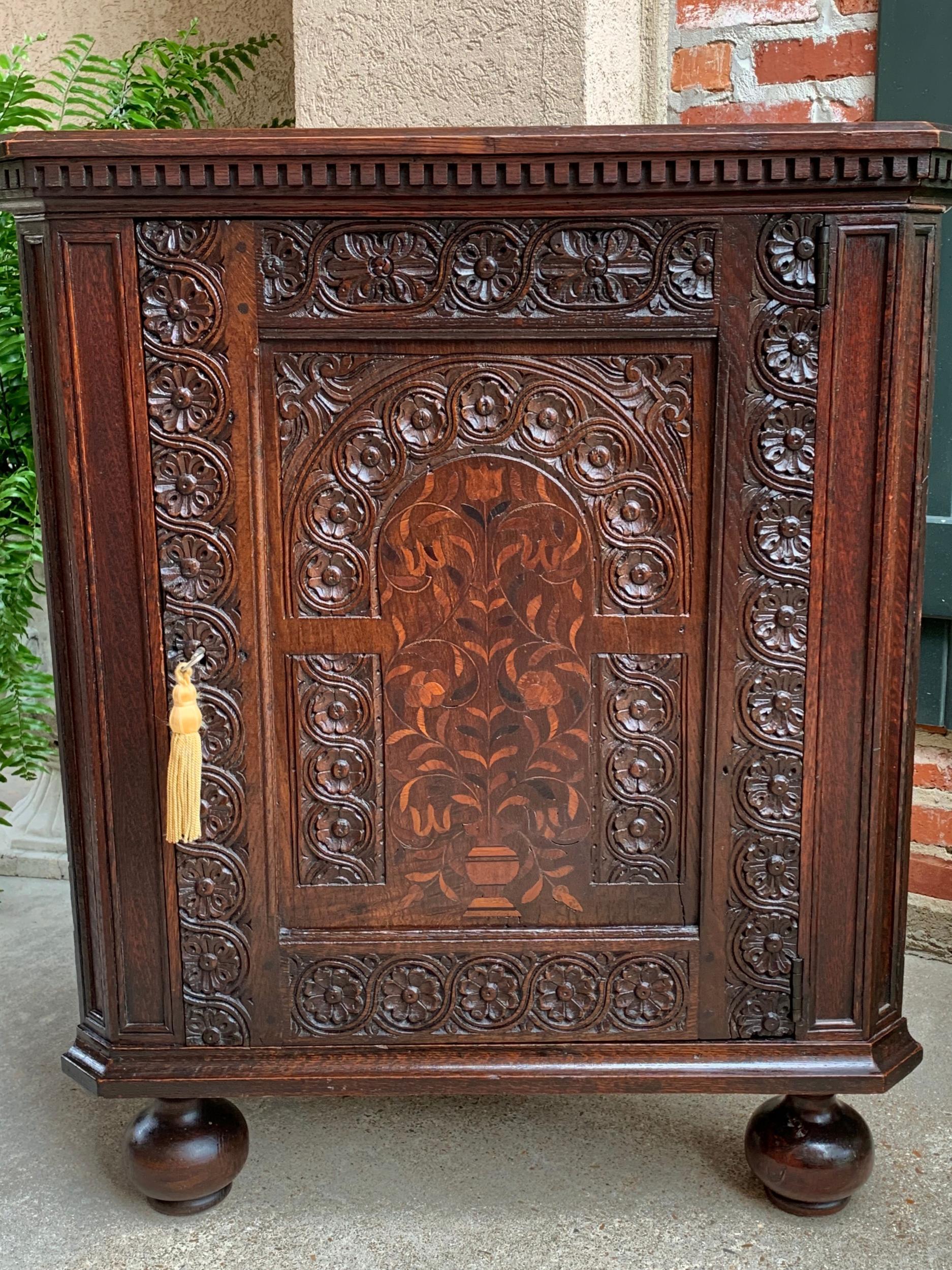 Jacobean Antique English Carved Oak Corner Cabinet Marquetry Side Table 19th Century For Sale