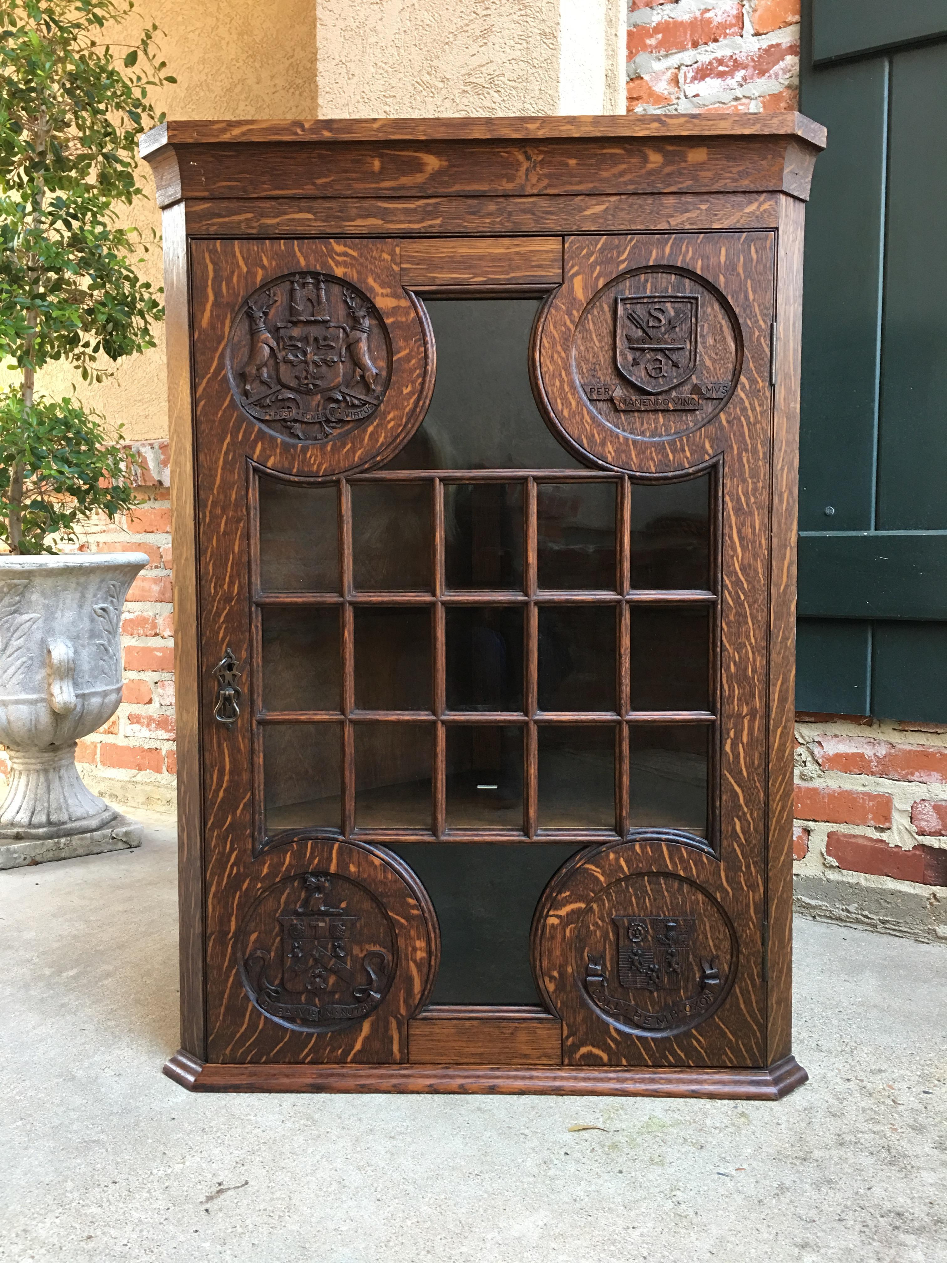 Antique English Carved Oak Corner Wall Cabinet Oxford Latin Coat of Arms British 5