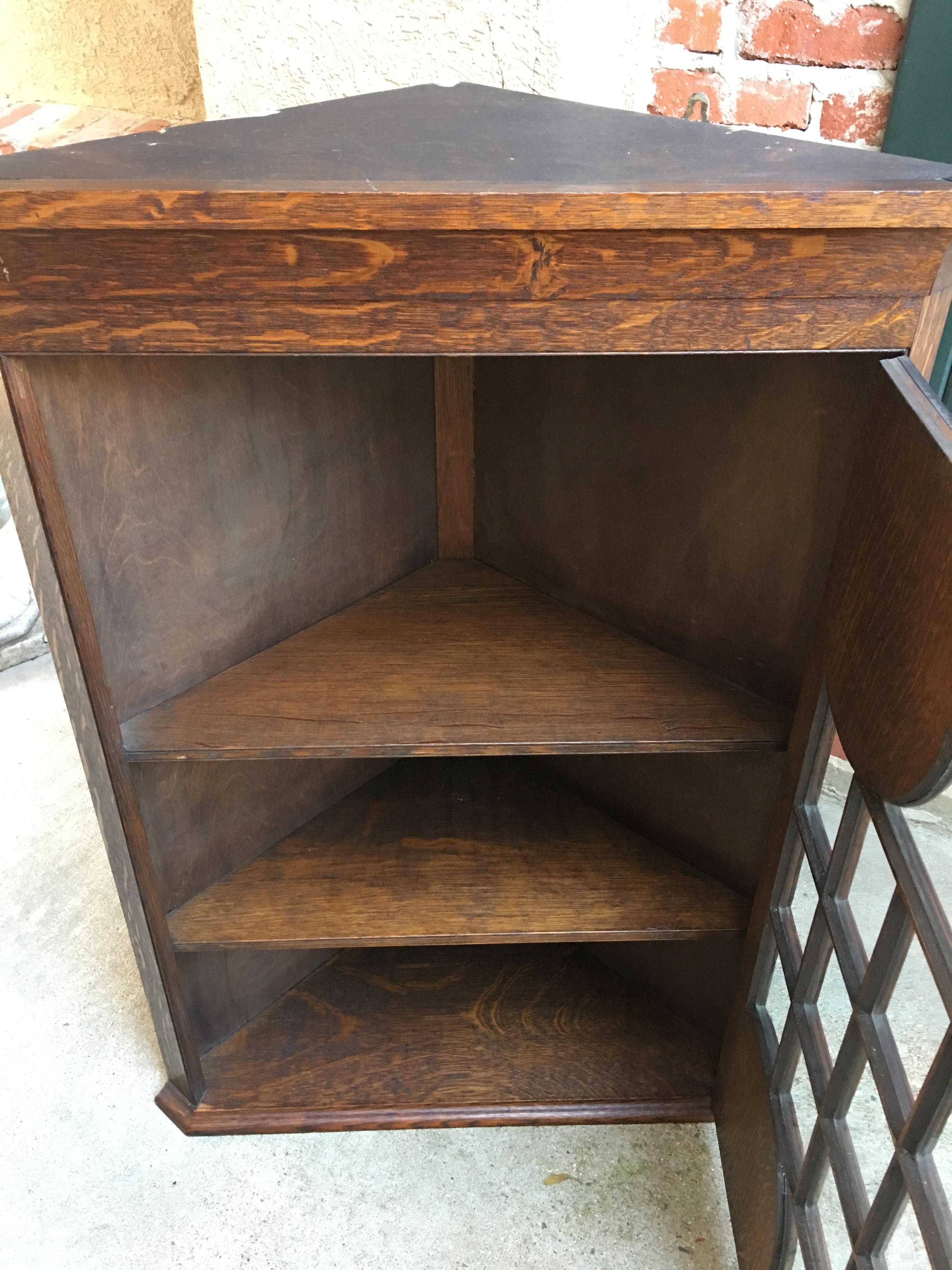 Antique English Carved Oak Corner Wall Cabinet Oxford Latin Coat of Arms British 7