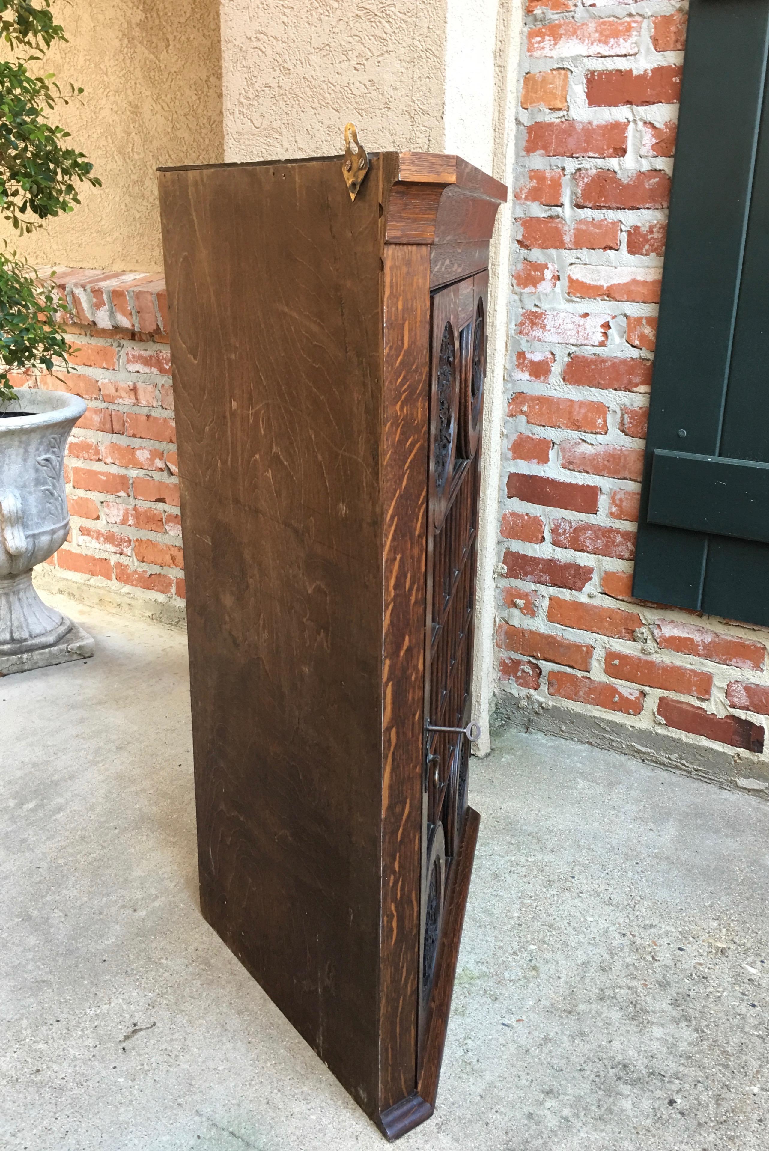 Antique English Carved Oak Corner Wall Cabinet Oxford Latin Coat of Arms British 9