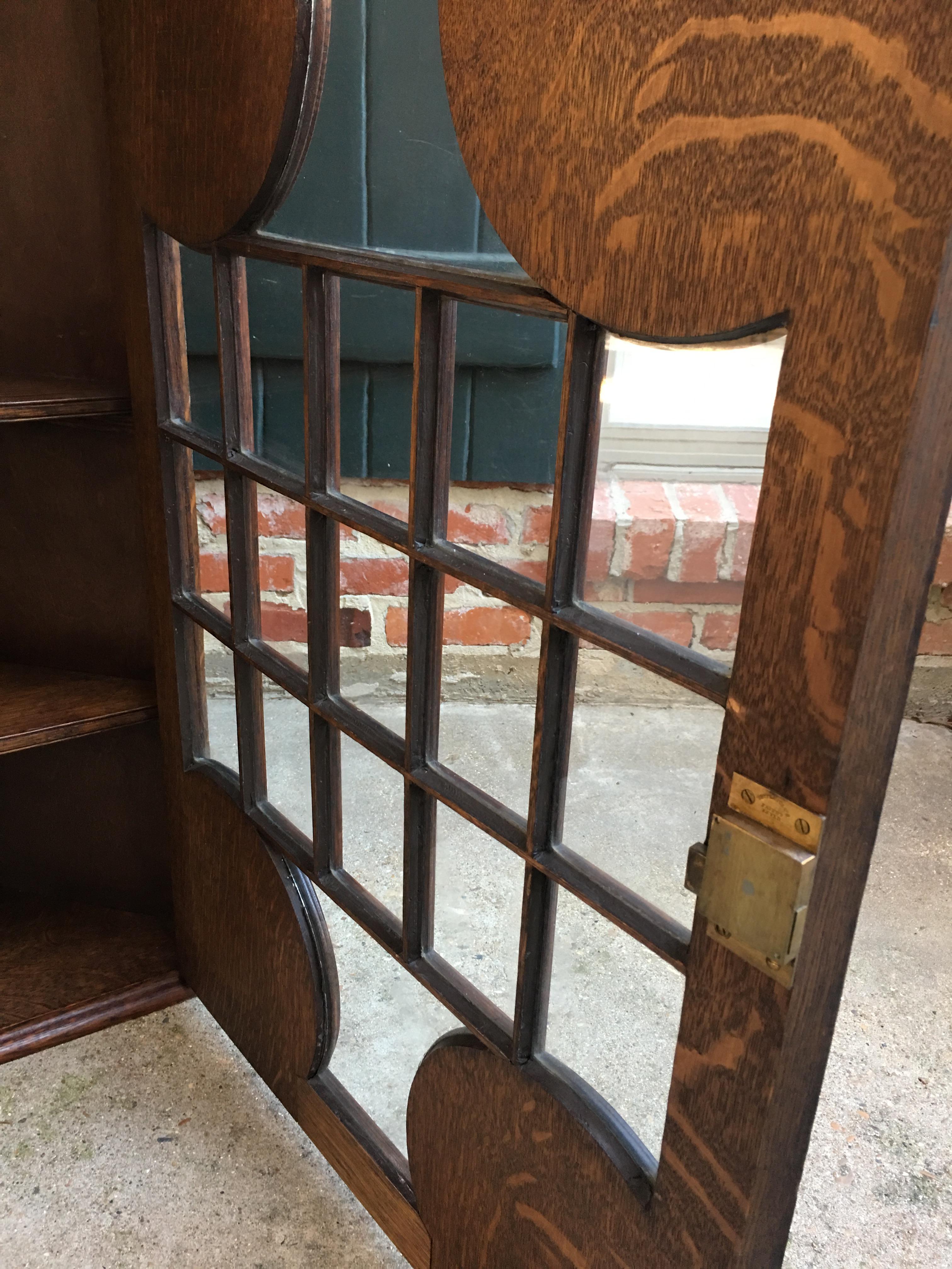 Antique English Carved Oak Corner Wall Cabinet Oxford Latin Coat of Arms British 11