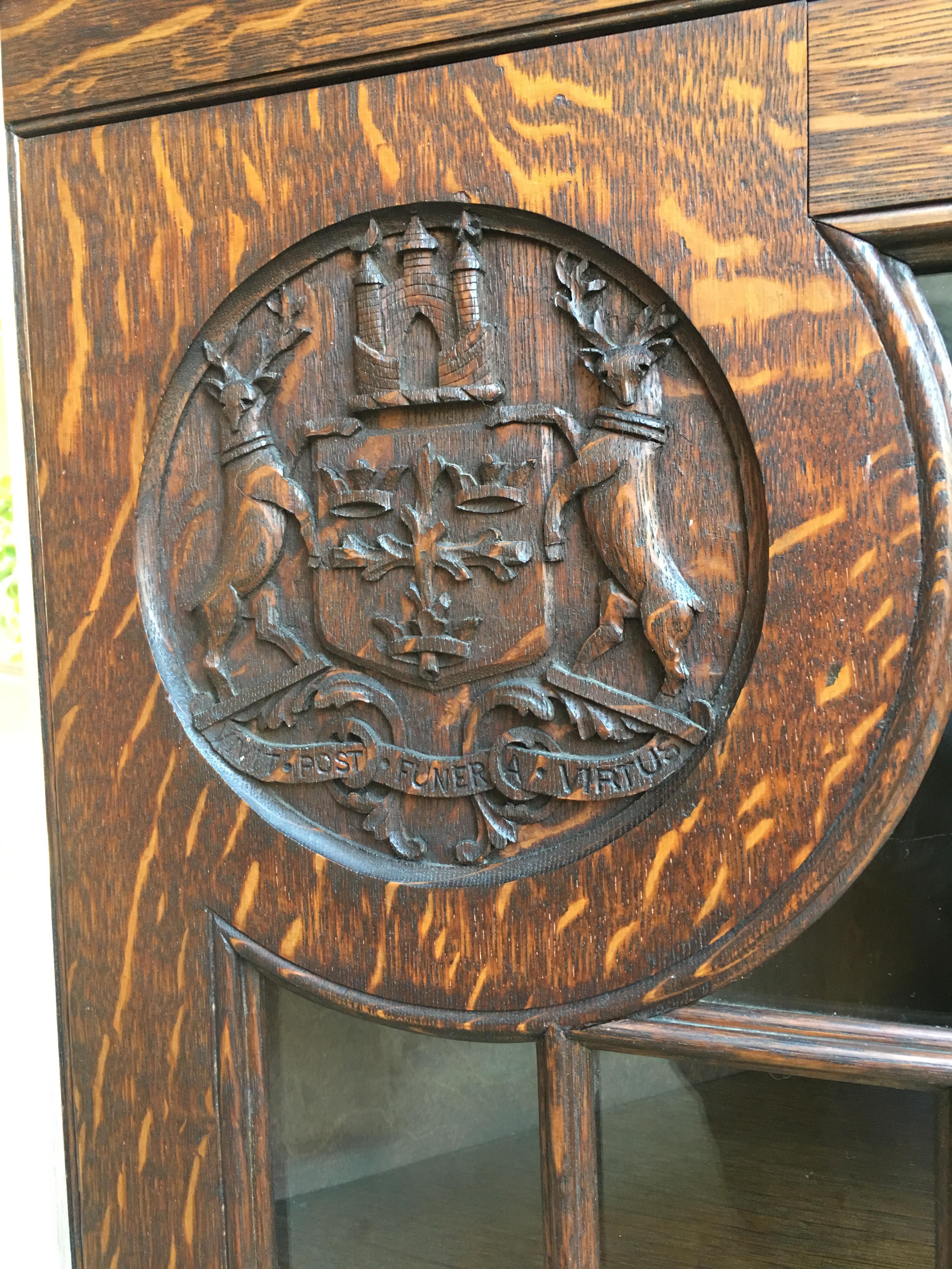 Antique English Carved Oak Corner Wall Cabinet Oxford Latin Coat of Arms British 12