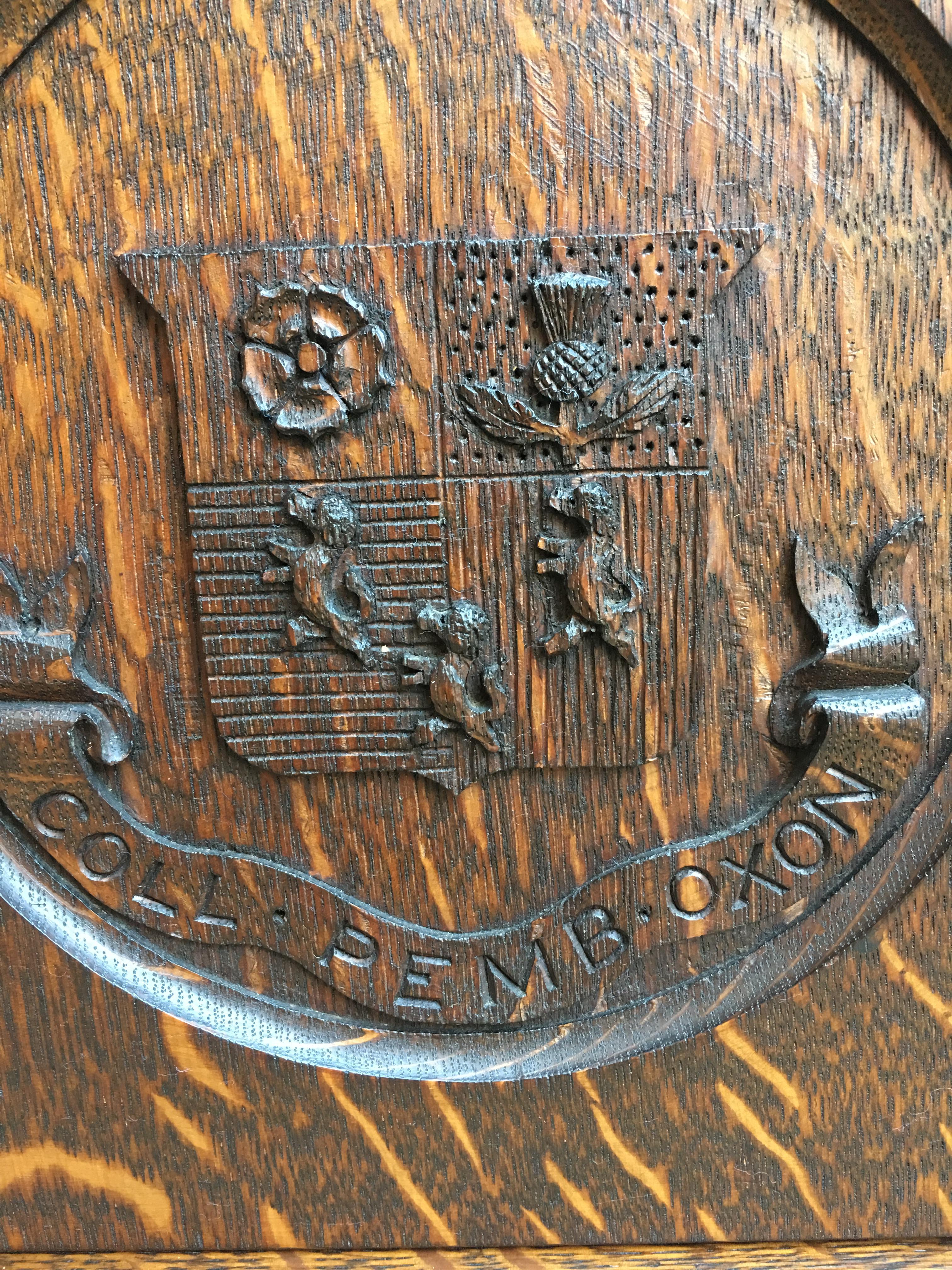 Antique English Carved Oak Corner Wall Cabinet Oxford Latin Coat of Arms British 13