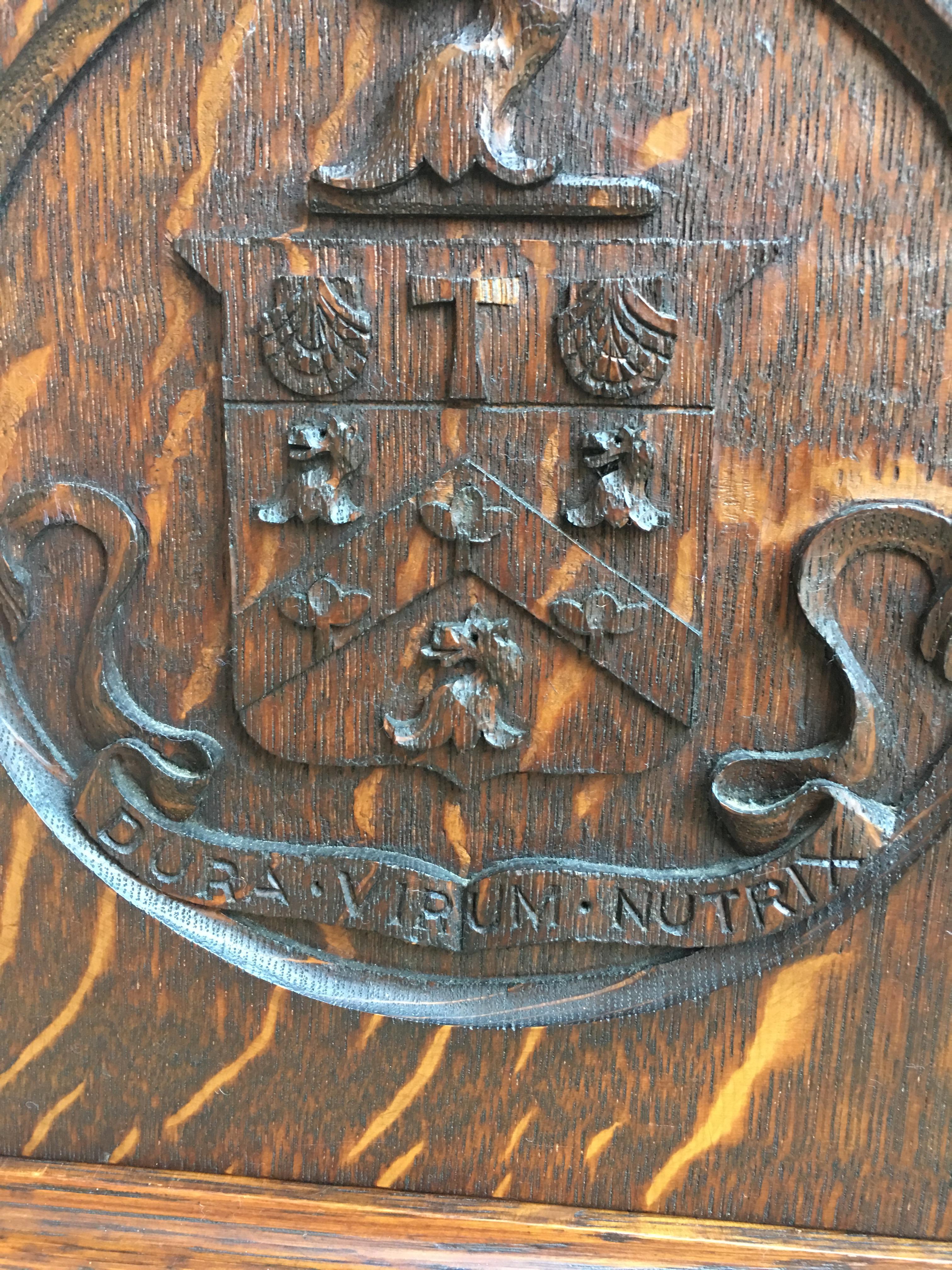 Antique English Carved Oak Corner Wall Cabinet Oxford Latin Coat of Arms British 14