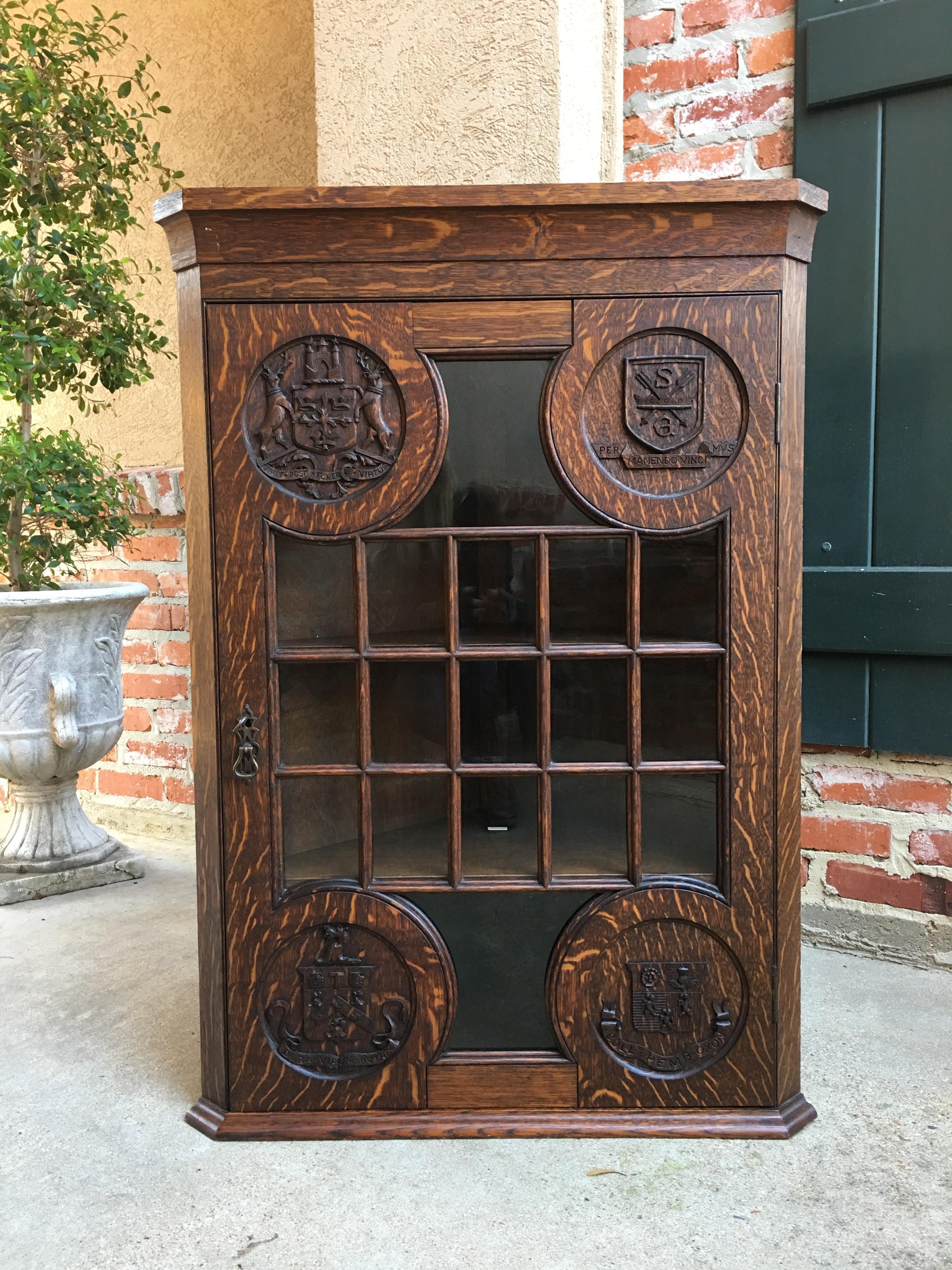 Arts and Crafts Antique English Carved Oak Corner Wall Cabinet Oxford Latin Coat of Arms British