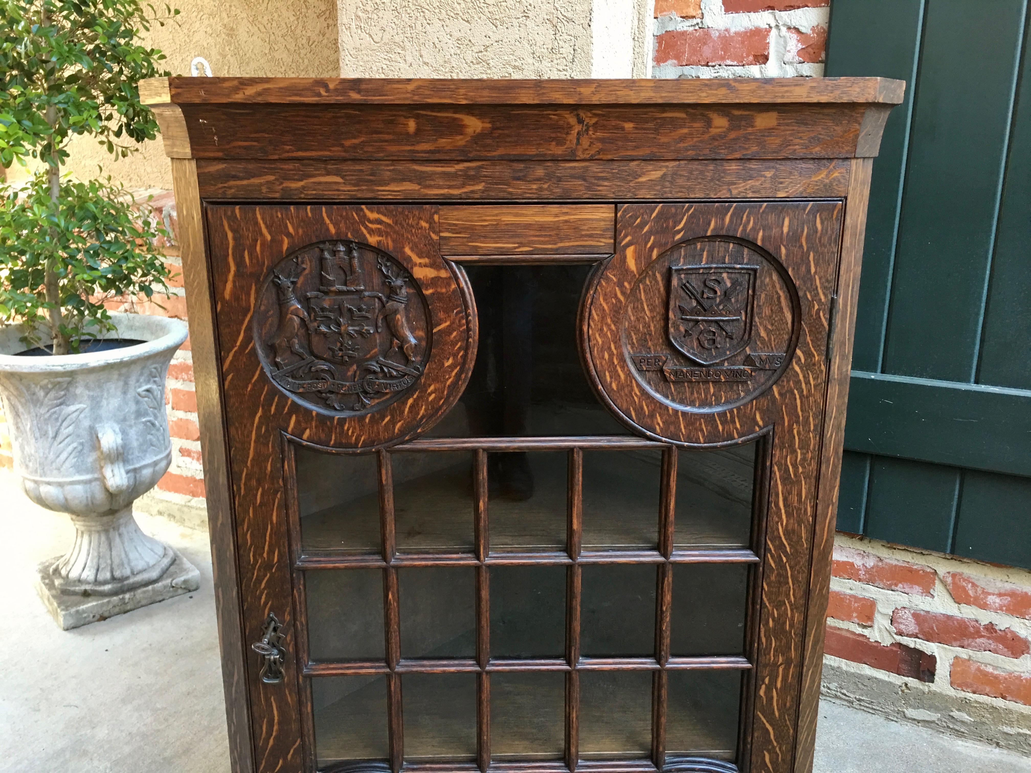 Hand-Carved Antique English Carved Oak Corner Wall Cabinet Oxford Latin Coat of Arms British