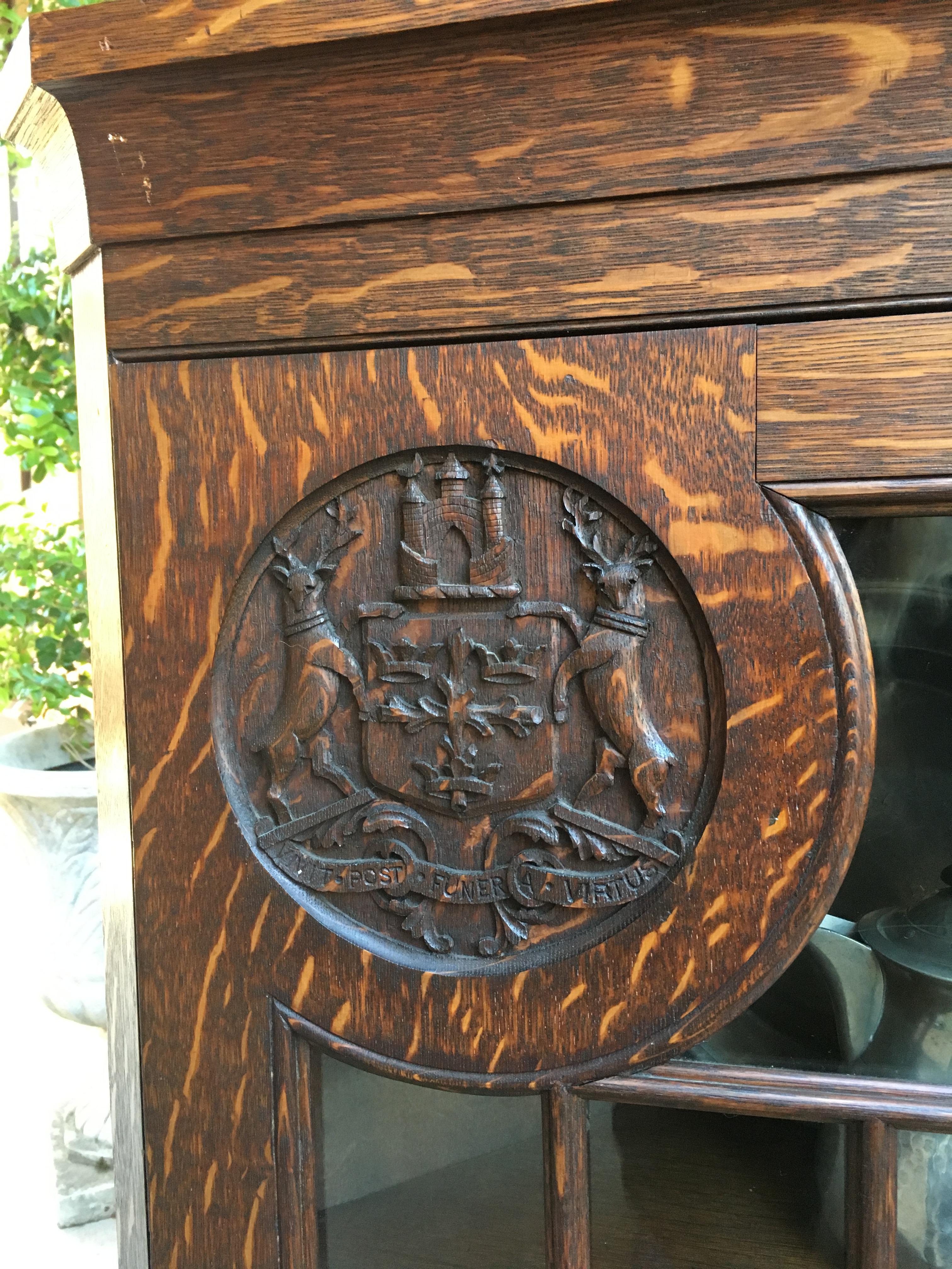 Late 19th Century Antique English Carved Oak Corner Wall Cabinet Oxford Latin Coat of Arms British