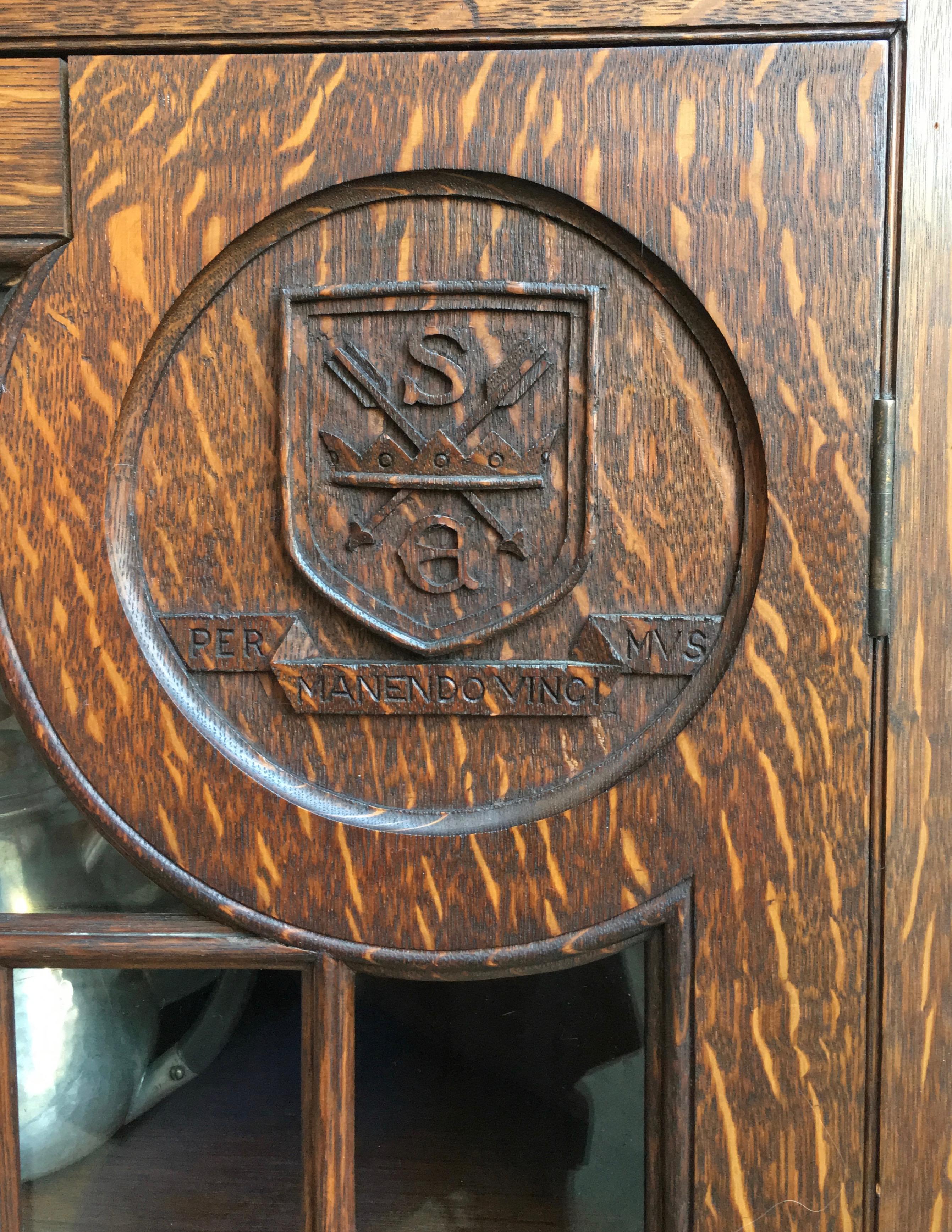 Antique English Carved Oak Corner Wall Cabinet Oxford Latin Coat of Arms British 1