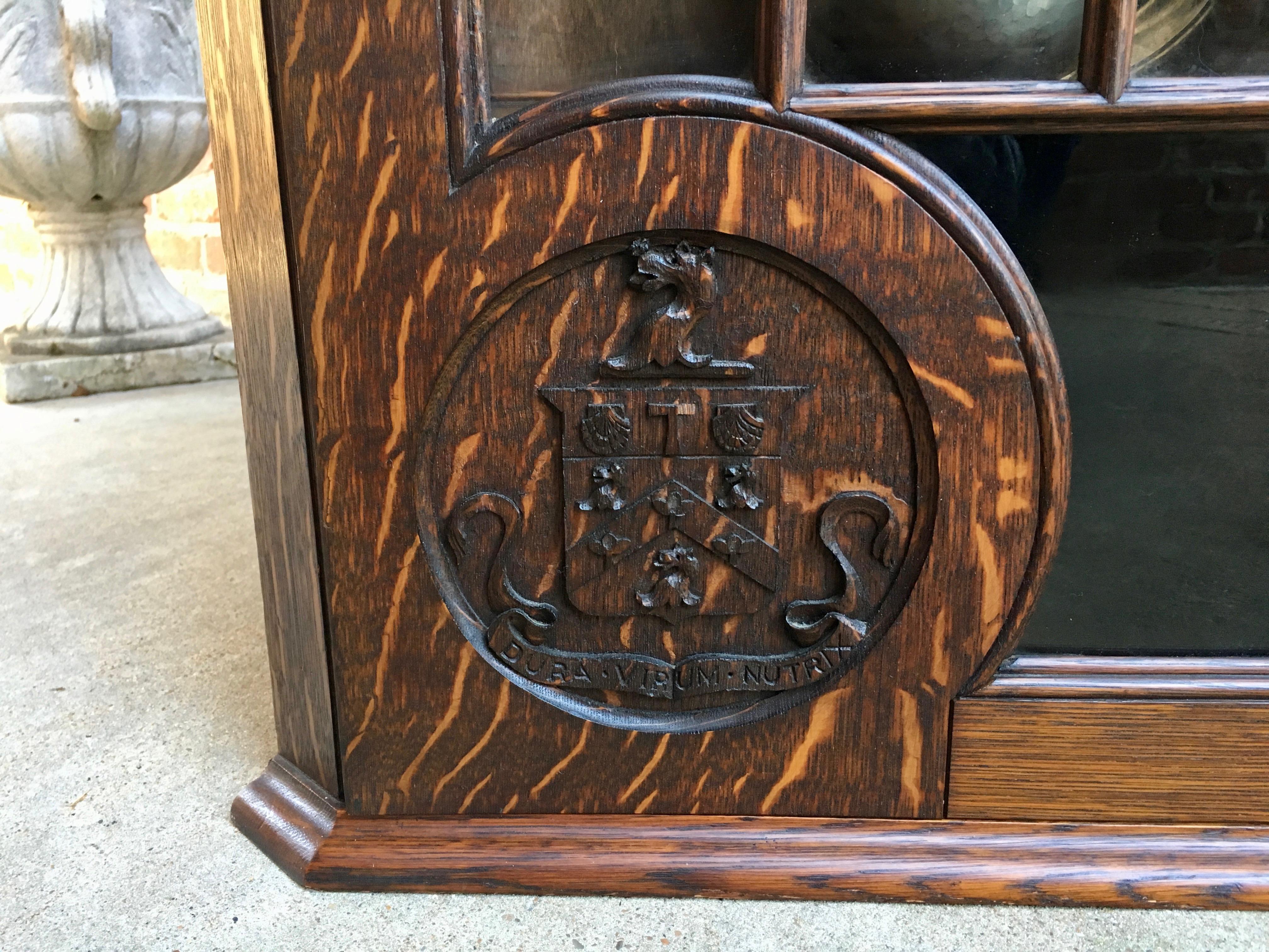Antique English Carved Oak Corner Wall Cabinet Oxford Latin Coat of Arms British 2