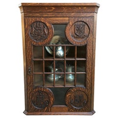 Antique English Carved Oak Corner Wall Cabinet Oxford Latin Coat of Arms British