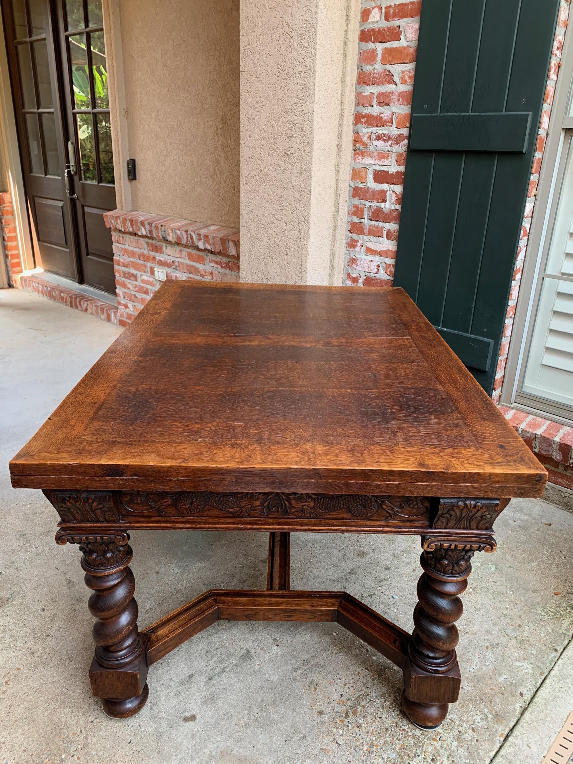 Antique English Carved Oak Dining Table Draw Leaf Barley Twist Renaissance 9 ft. 1