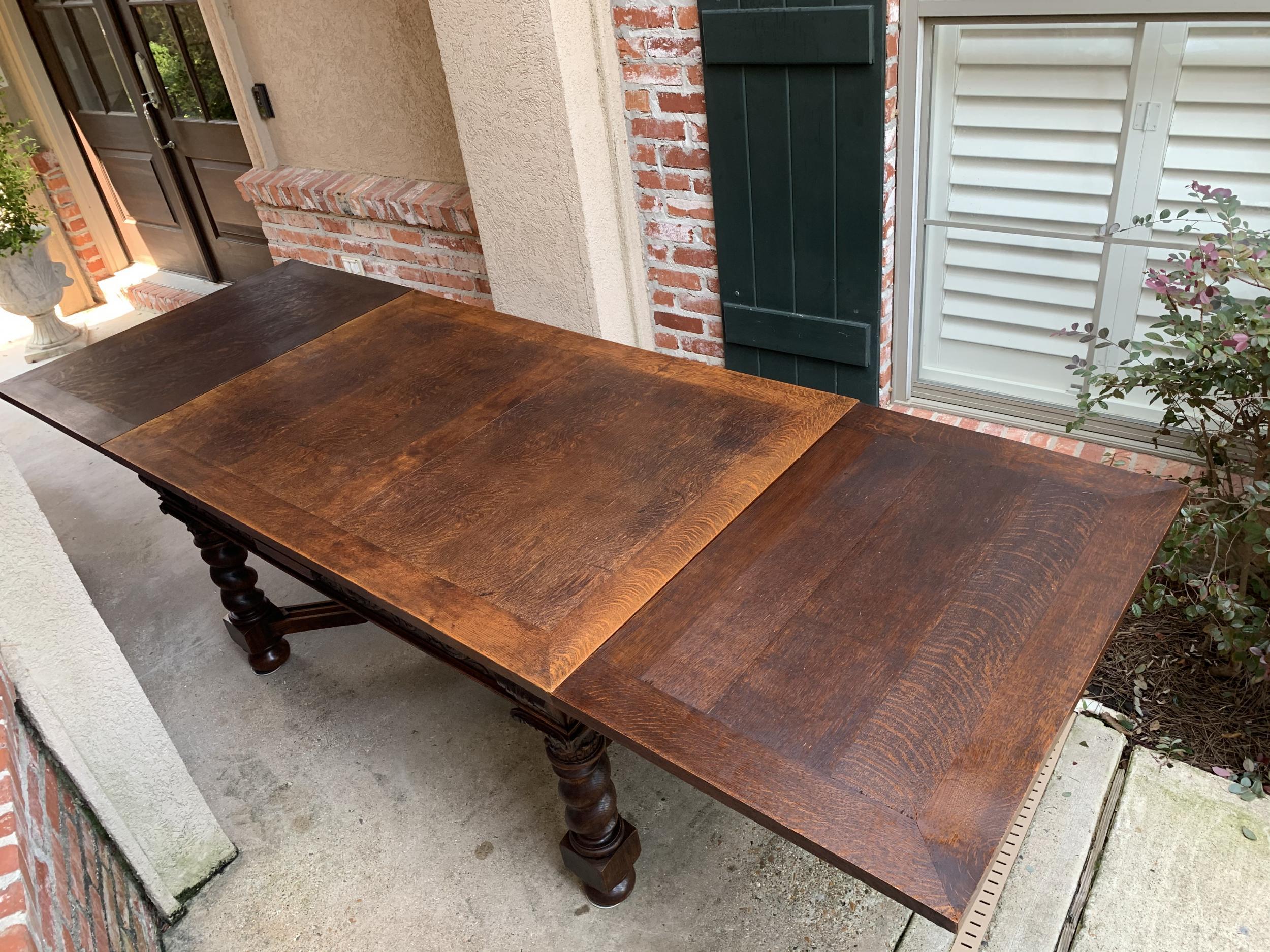 Antique English Carved Oak Dining Table Draw Leaf Barley Twist Renaissance 9 ft. 2