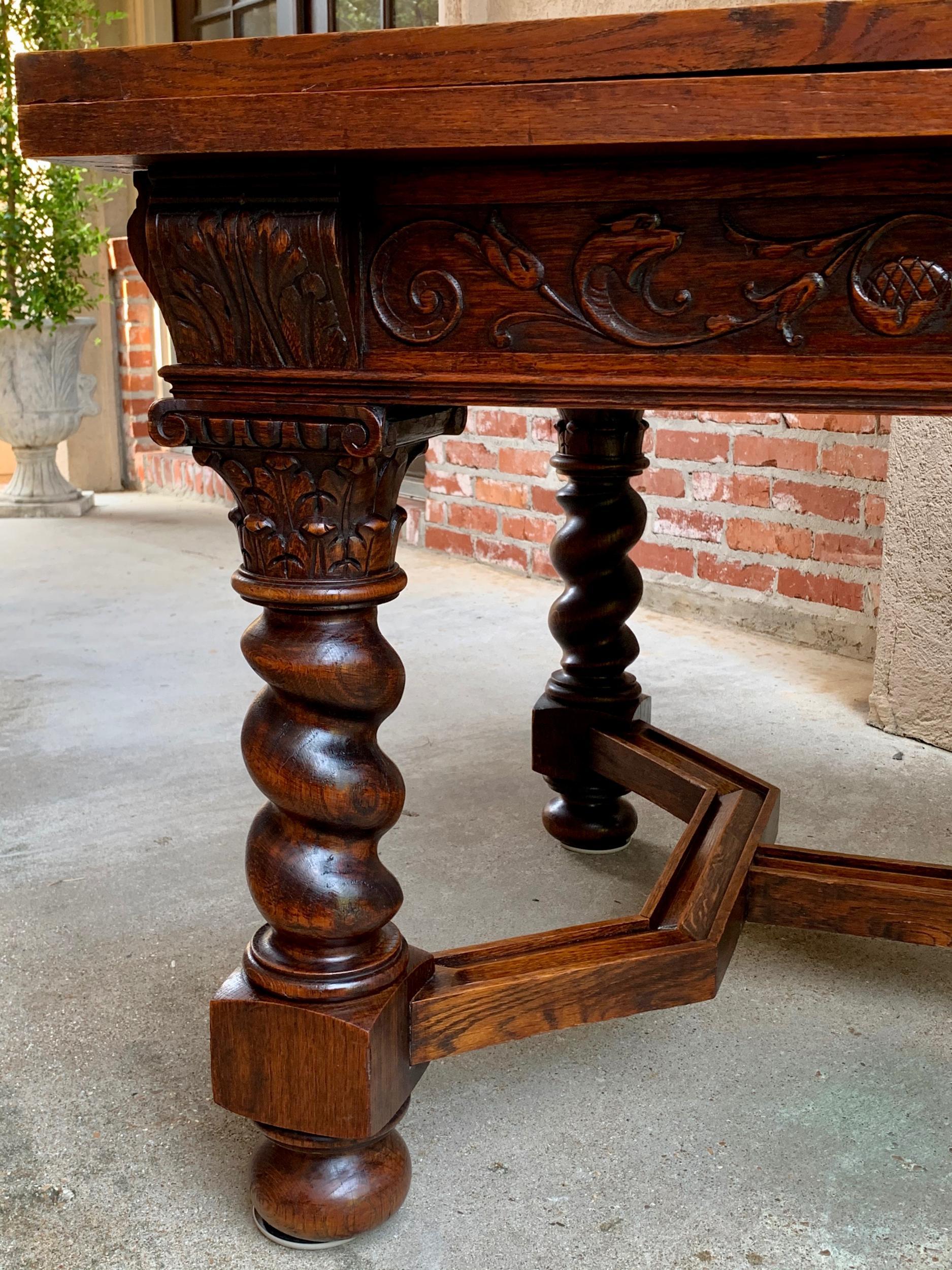 Antique English Carved Oak Dining Table Draw Leaf Barley Twist Renaissance 9 ft. 6