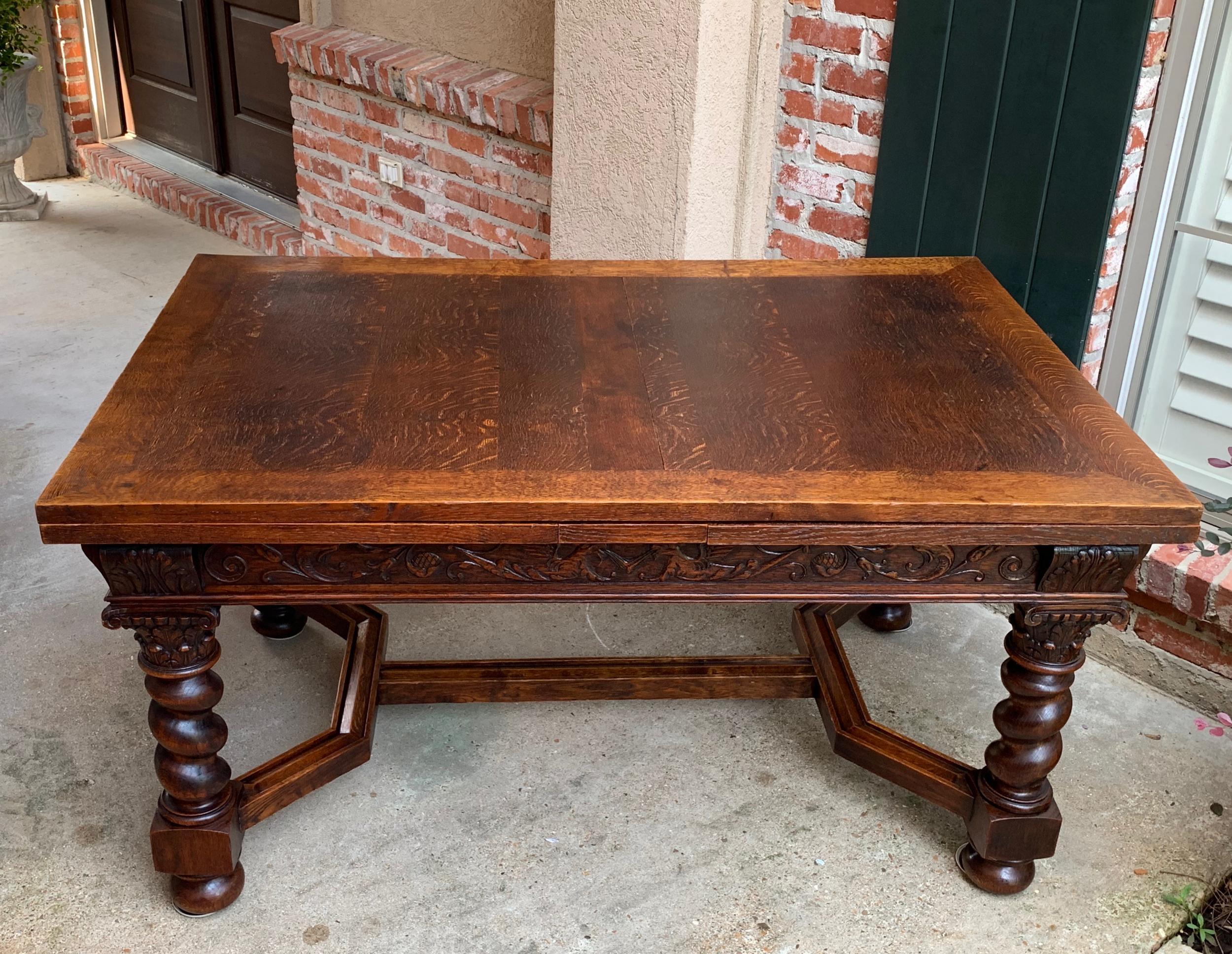 Antique English Carved Oak Dining Table Draw Leaf Barley Twist Renaissance 9 ft. 8