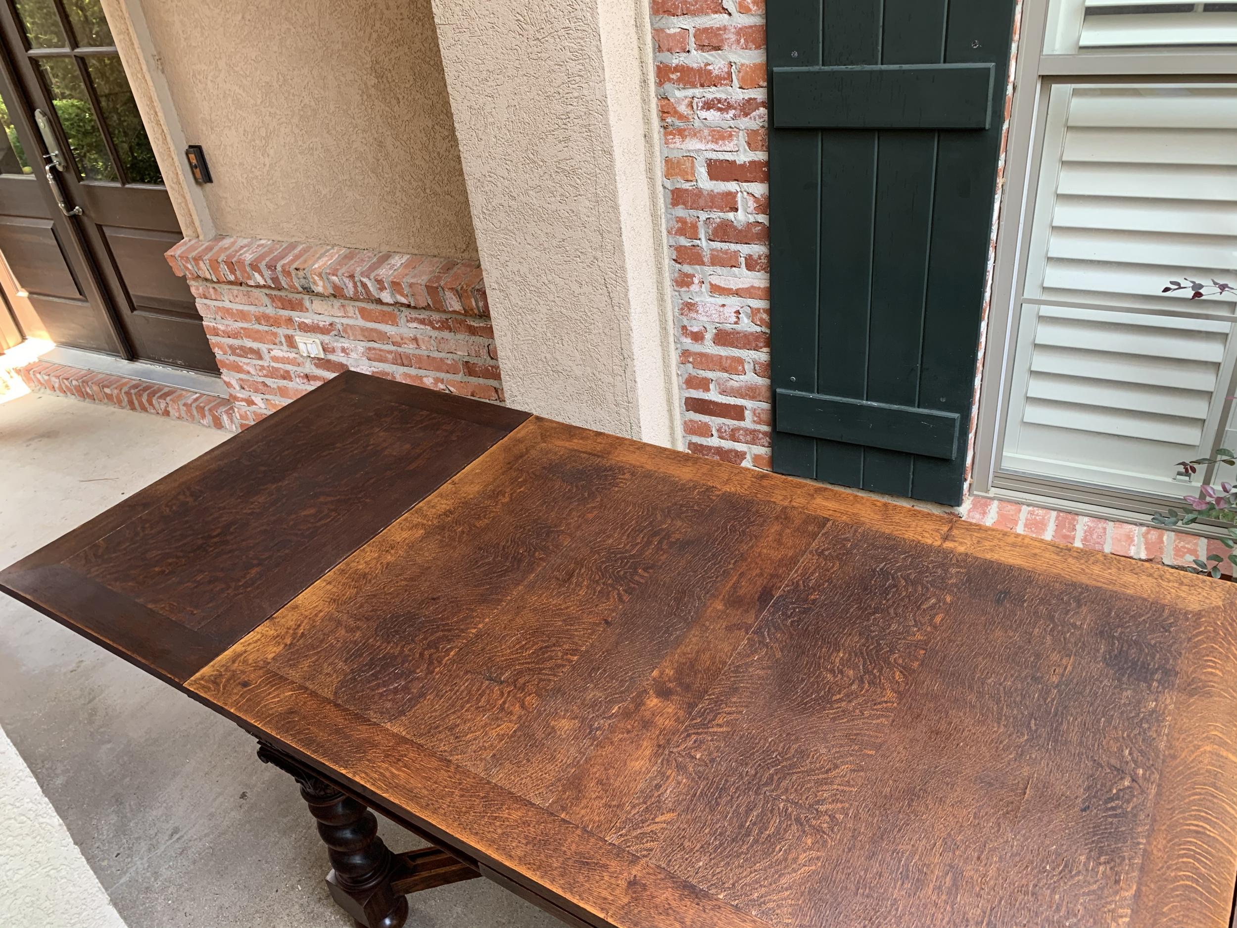 Antique English Carved Oak Dining Table Draw Leaf Barley Twist Renaissance 9 ft. 11