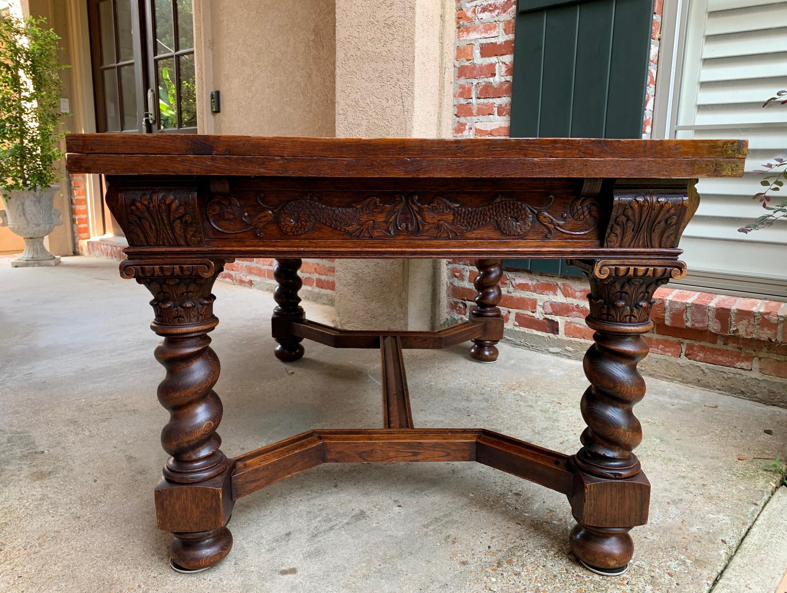 British Antique English Carved Oak Dining Table Draw Leaf Barley Twist Renaissance 9 ft.