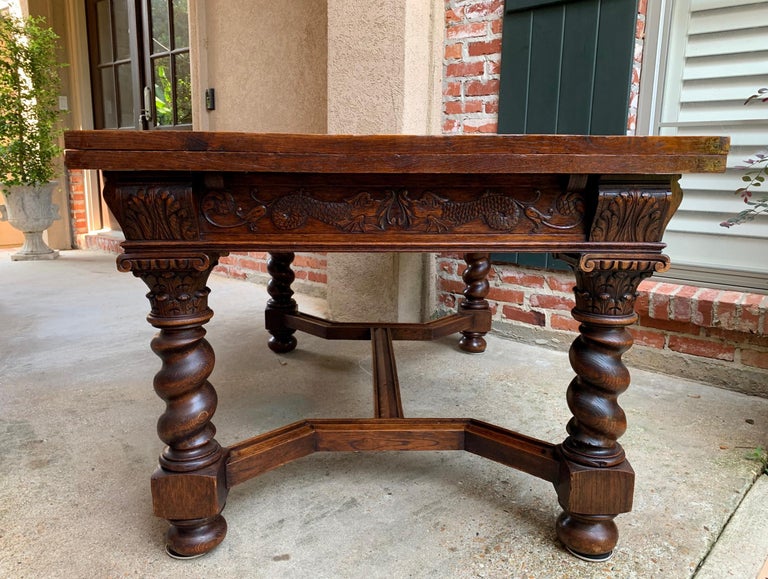 Early 20th Century Antique English Carved Oak Dining Table Draw Leaf Barley Twist Renaissance 9 ft.