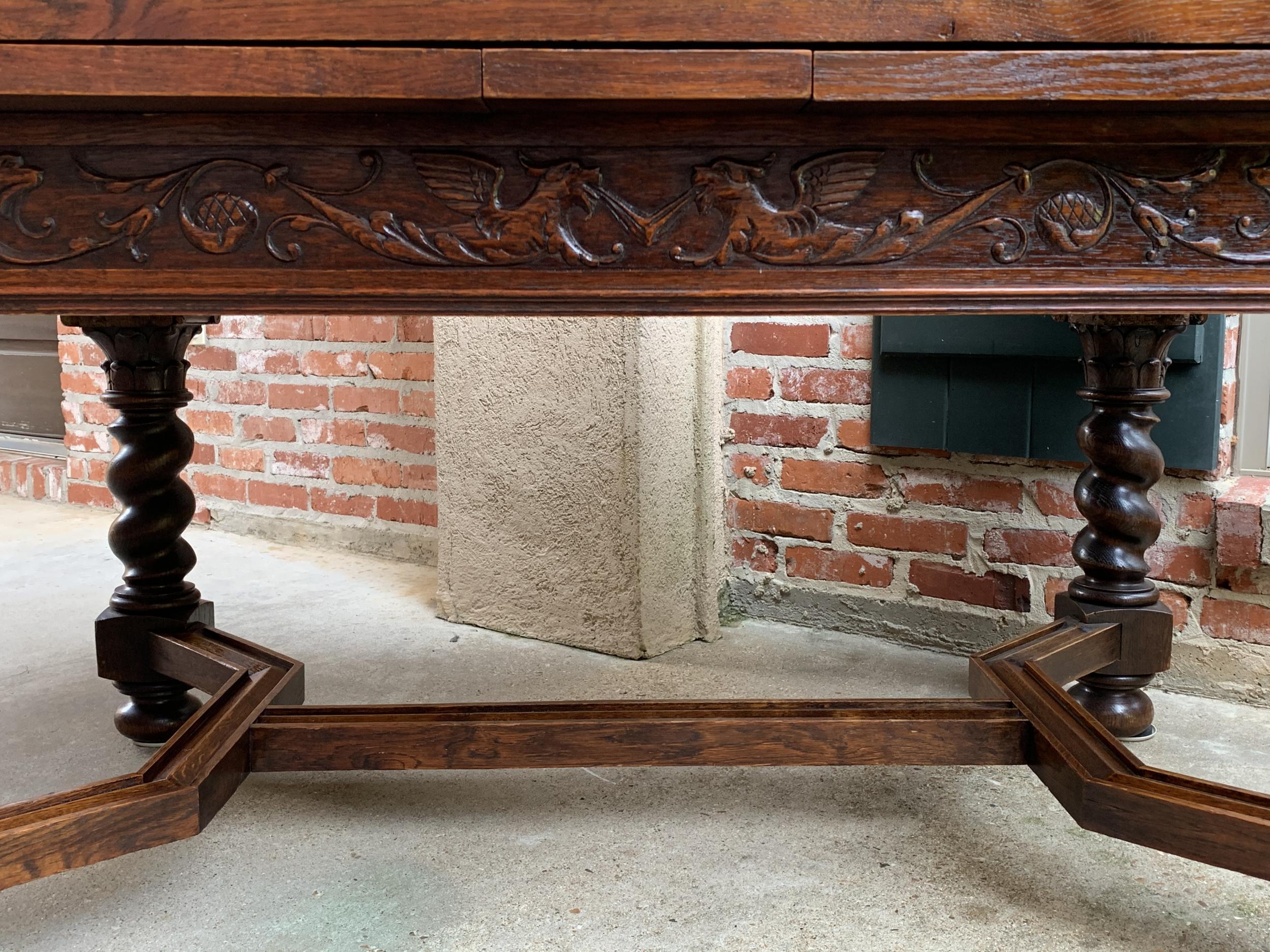 Hand-Carved Antique English Carved Oak Dining Table Draw Leaf Barley Twist Renaissance 9 ft.