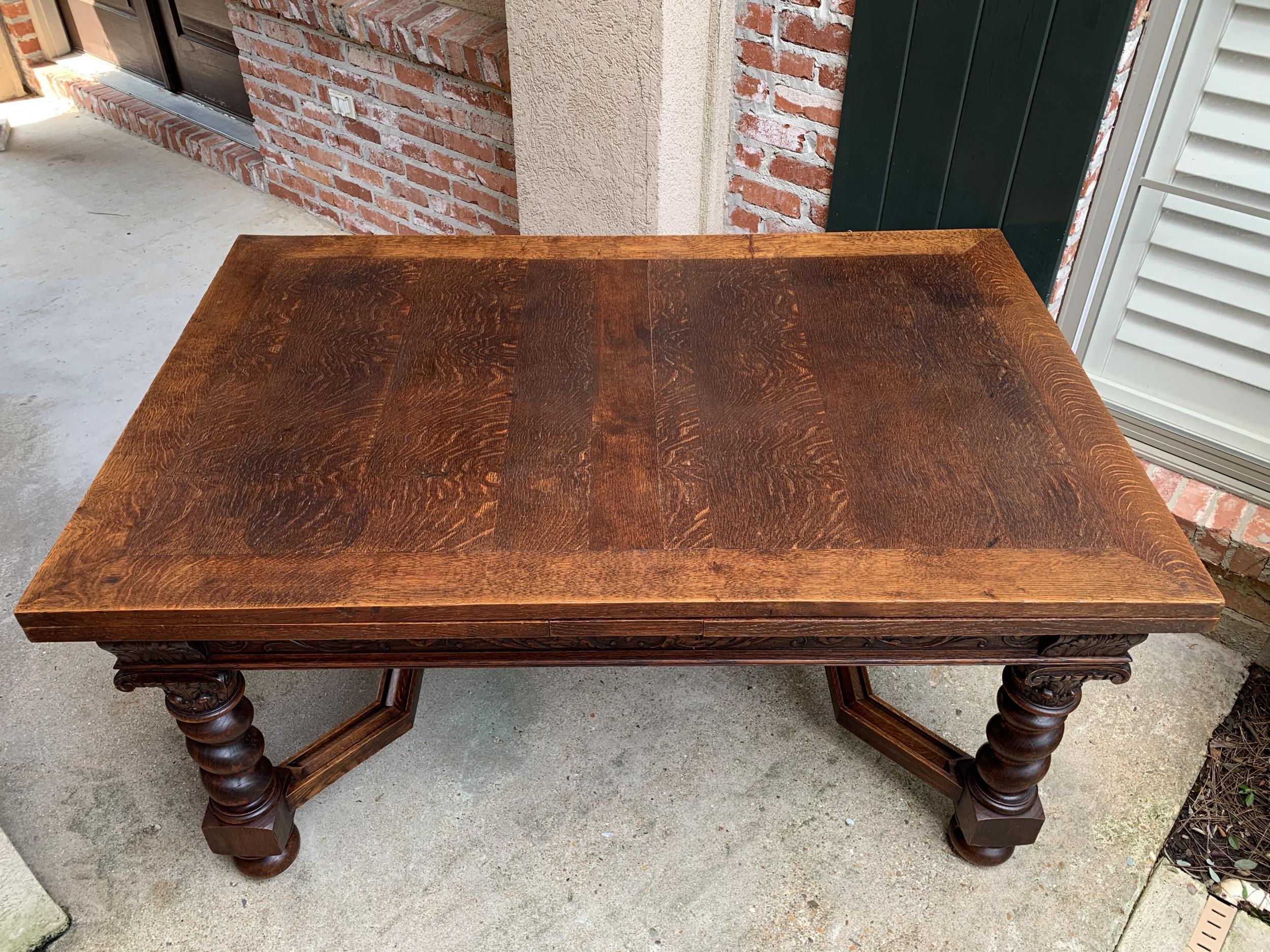 Antique English Carved Oak Dining Table Draw Leaf Barley Twist Renaissance 9 ft. In Good Condition In Shreveport, LA