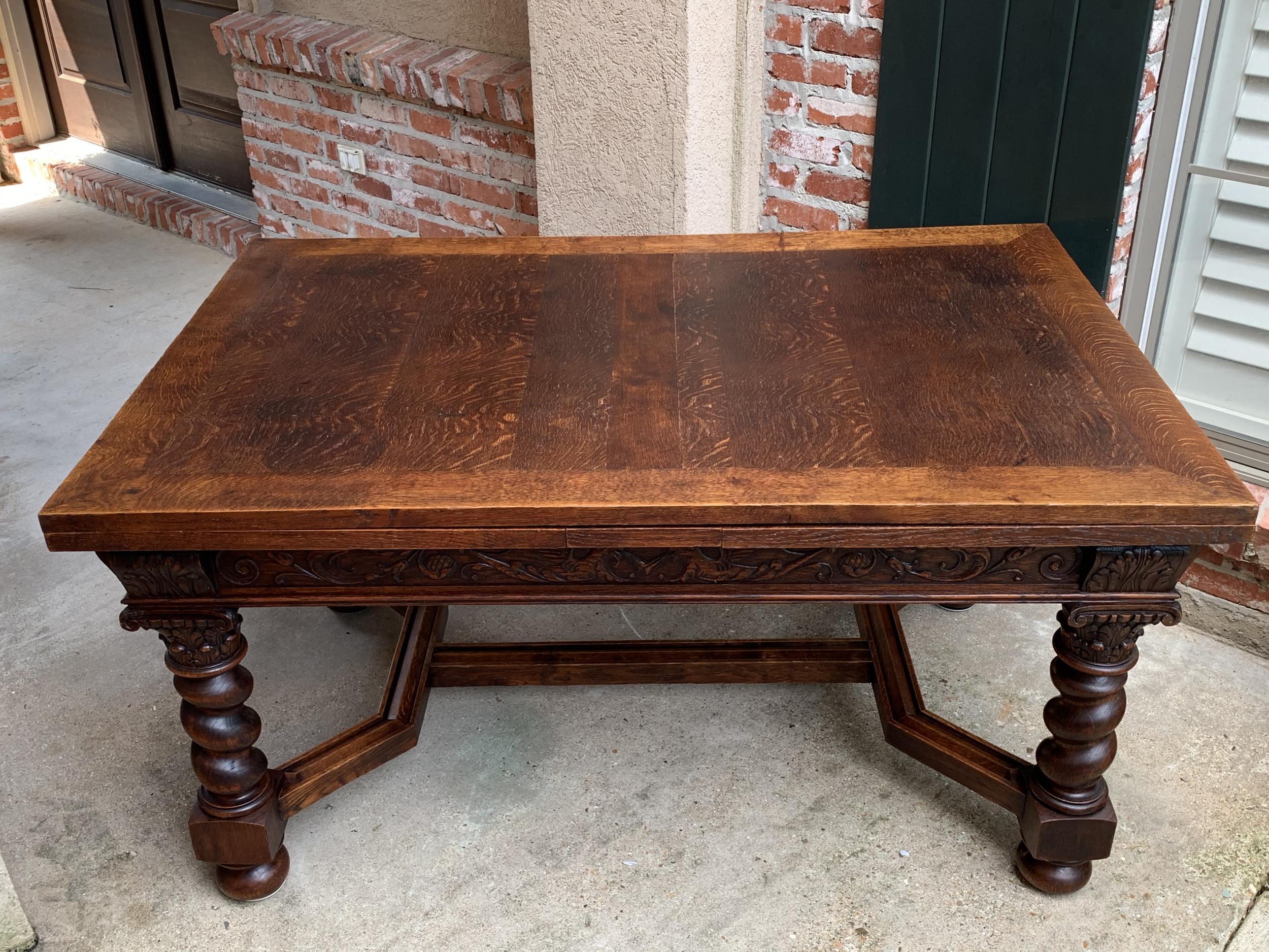 Early 20th Century Antique English Carved Oak Dining Table Draw Leaf Barley Twist Renaissance 9 ft.