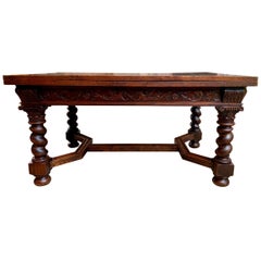 Antique English Carved Oak Dining Table Draw Leaf Barley Twist Renaissance 9 ft.