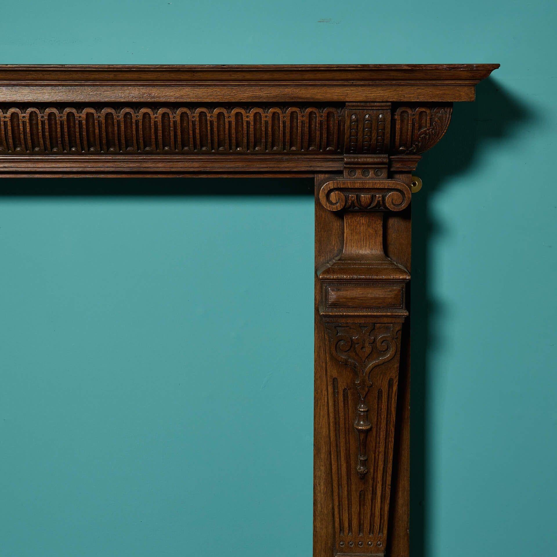 Arts and Crafts Antique English Carved Oak Fire Mantel For Sale