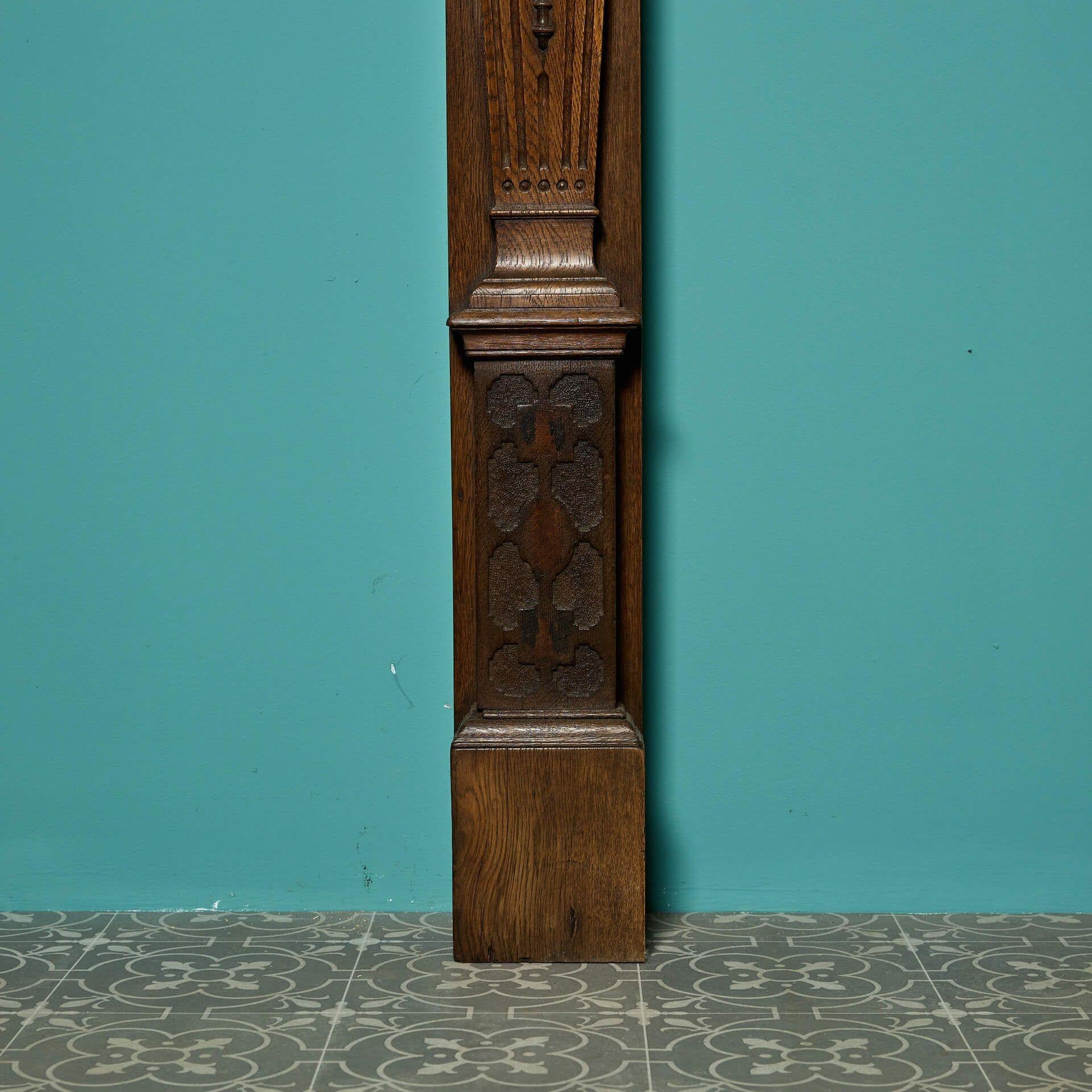 Hand-Crafted Antique English Carved Oak Fire Mantel For Sale