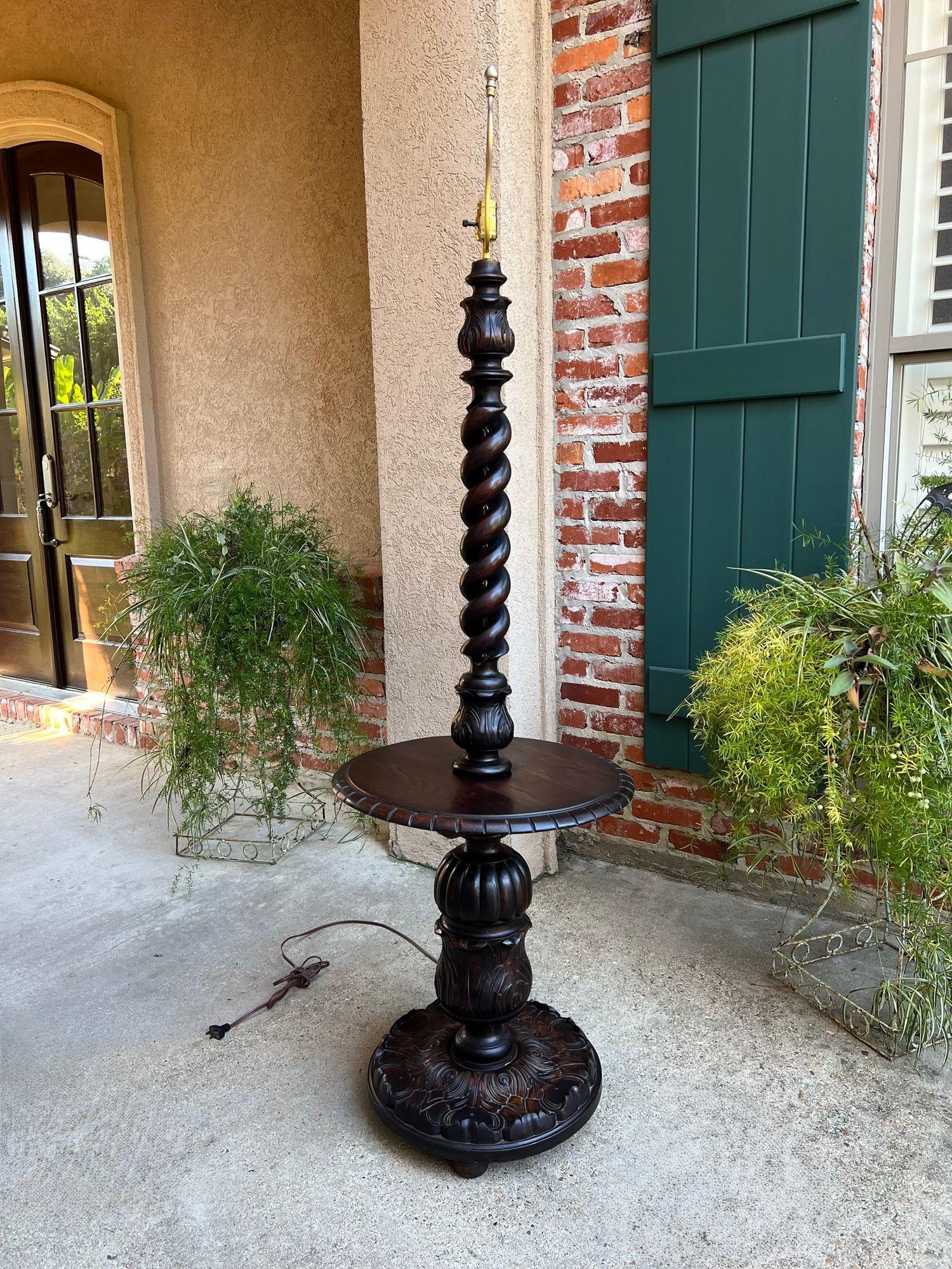 Antique English Carved Oak Floor Lamp OPEN Barley Twist w Round End Table c1920 For Sale 7