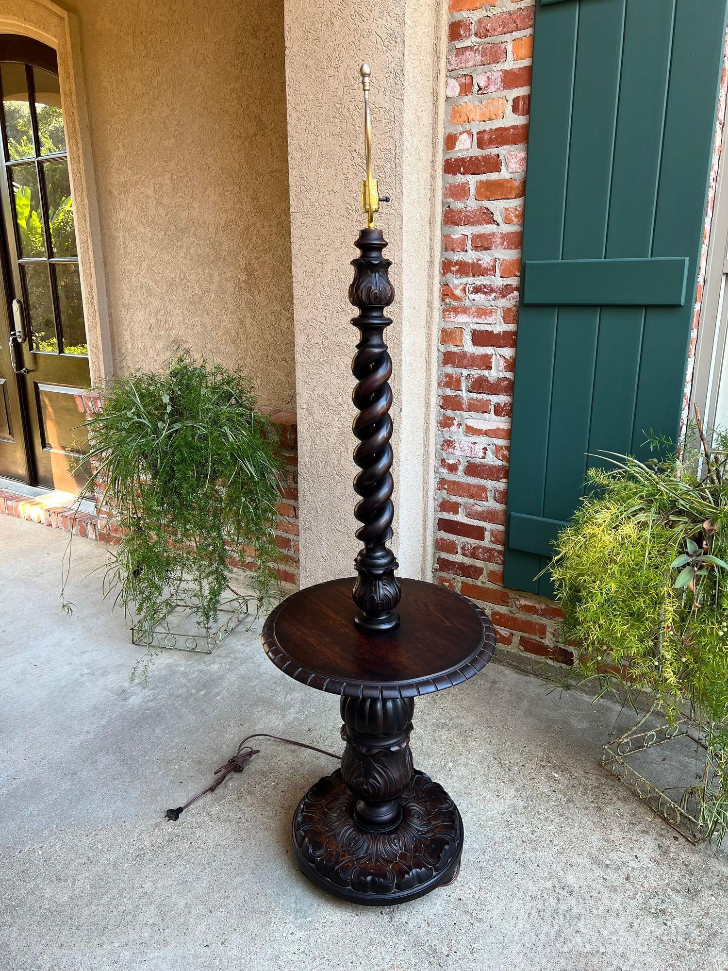 Antique English Carved Oak Floor Lamp OPEN Barley Twist w Round End Table c1920 For Sale 8