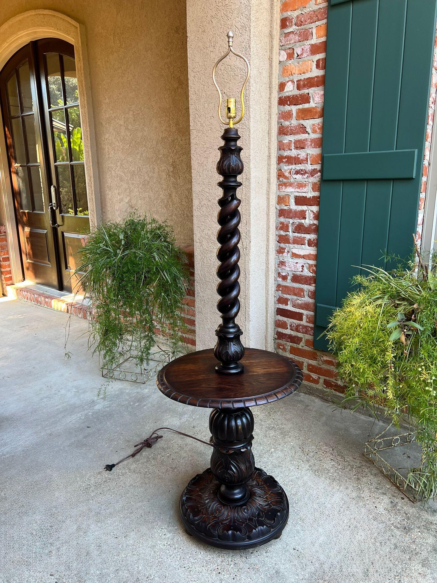 Antique English Carved Oak Floor Lamp OPEN Barley Twist w Round End Table c1920 For Sale 9
