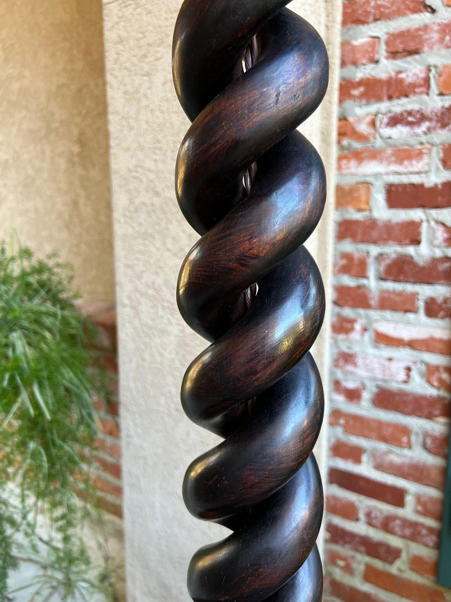 Antique English Carved Oak Floor Lamp OPEN Barley Twist w Round End Table c1920 For Sale 11