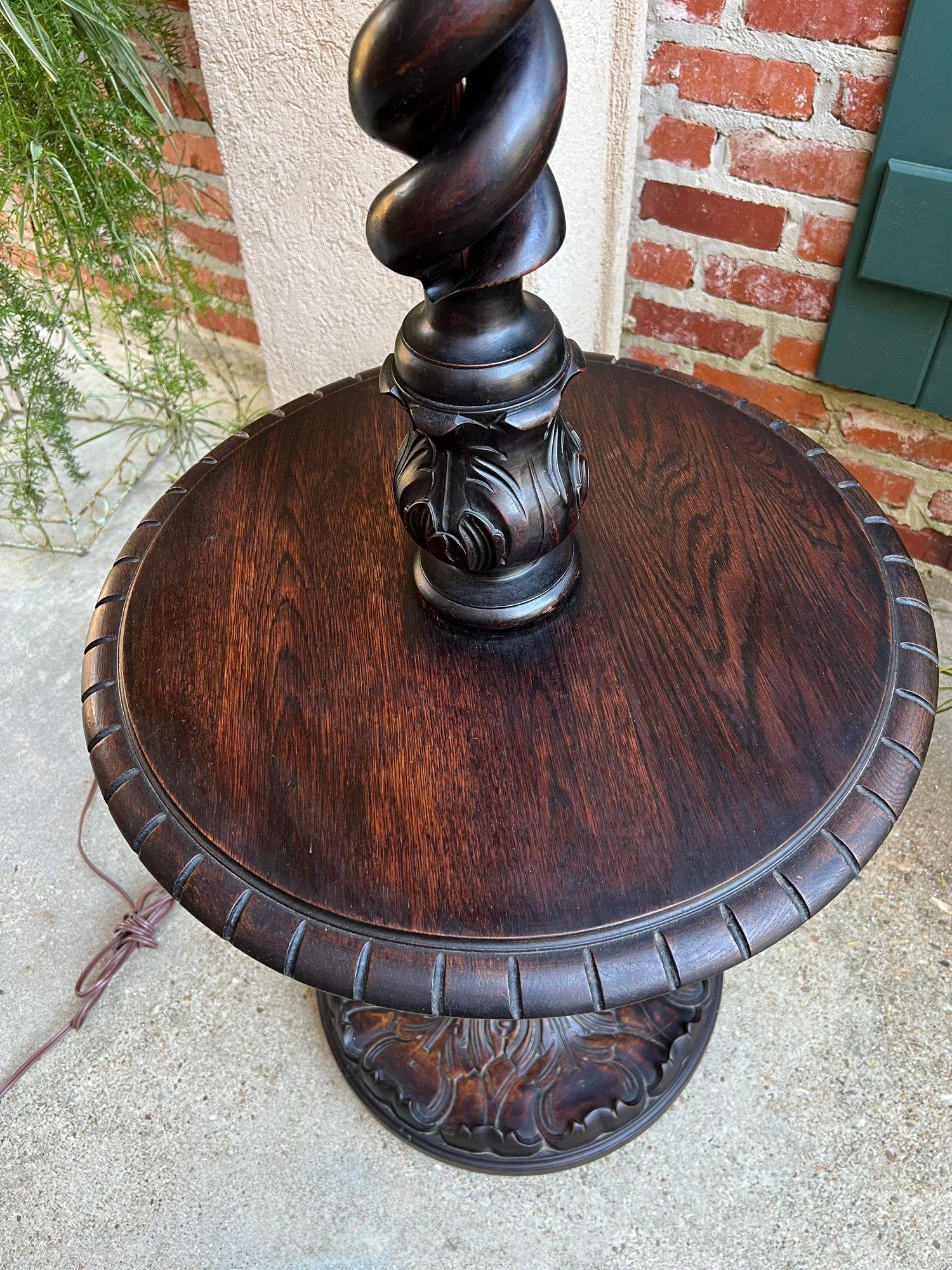 Antique English Carved Oak Floor Lamp OPEN Barley Twist w Round End Table c1920 For Sale 12