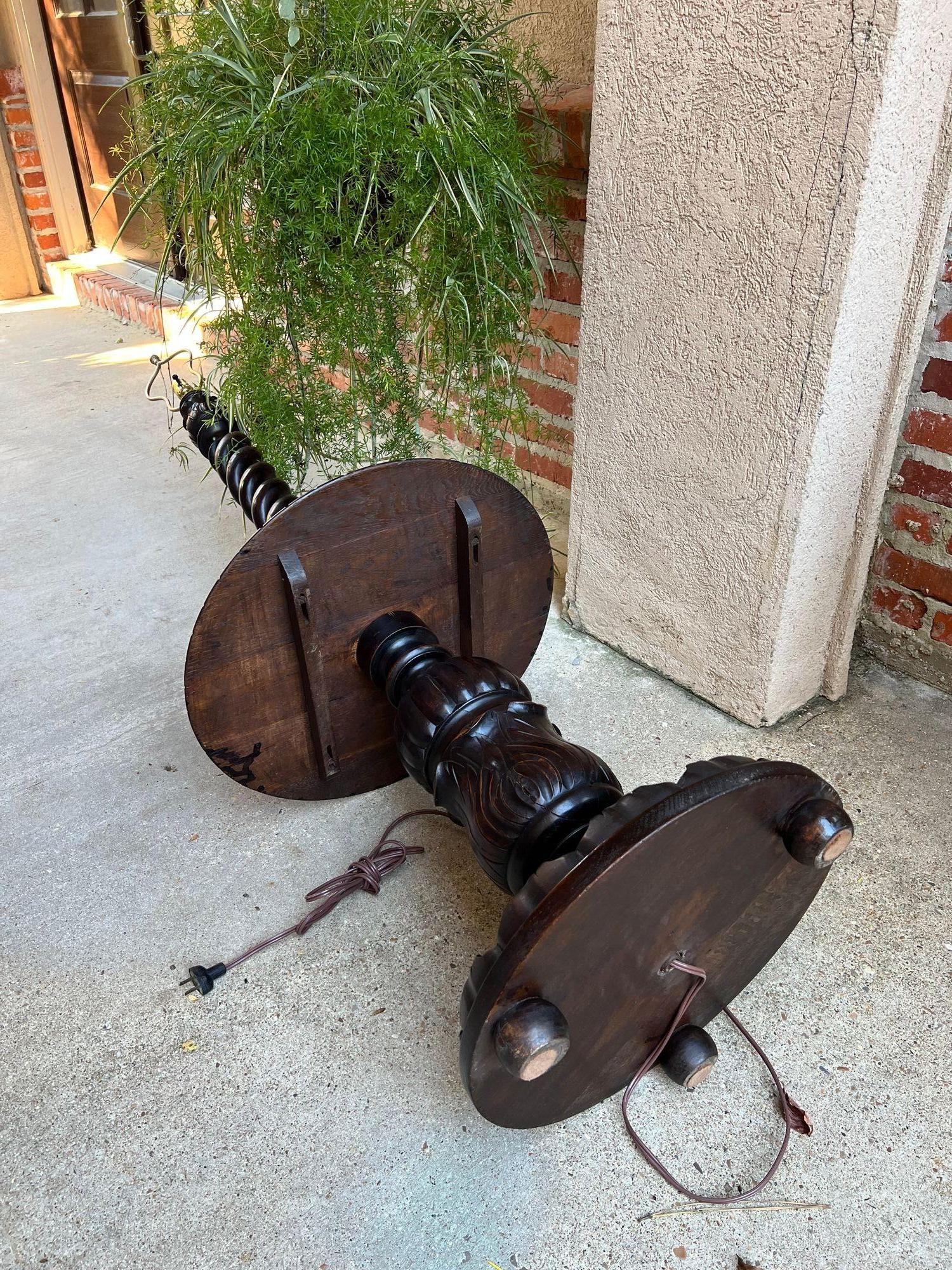Antique English Carved Oak Floor Lamp OPEN Barley Twist w Round End Table c1920 For Sale 14