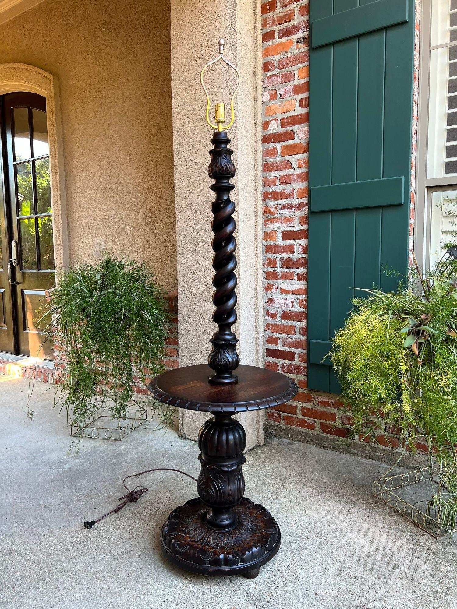 Jacobean Antique English Carved Oak Floor Lamp OPEN Barley Twist w Round End Table c1920 For Sale