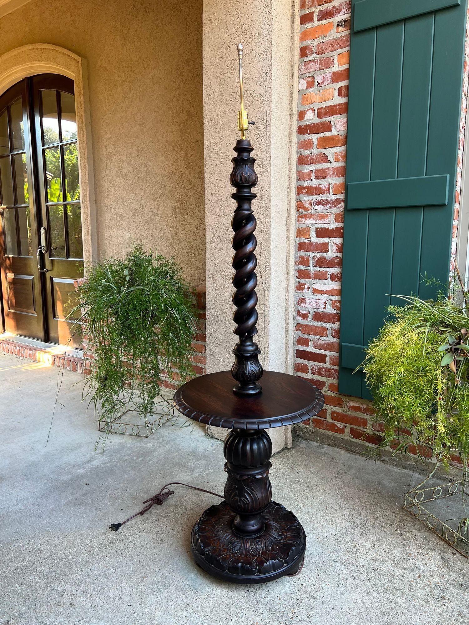 British Antique English Carved Oak Floor Lamp OPEN Barley Twist w Round End Table c1920 For Sale